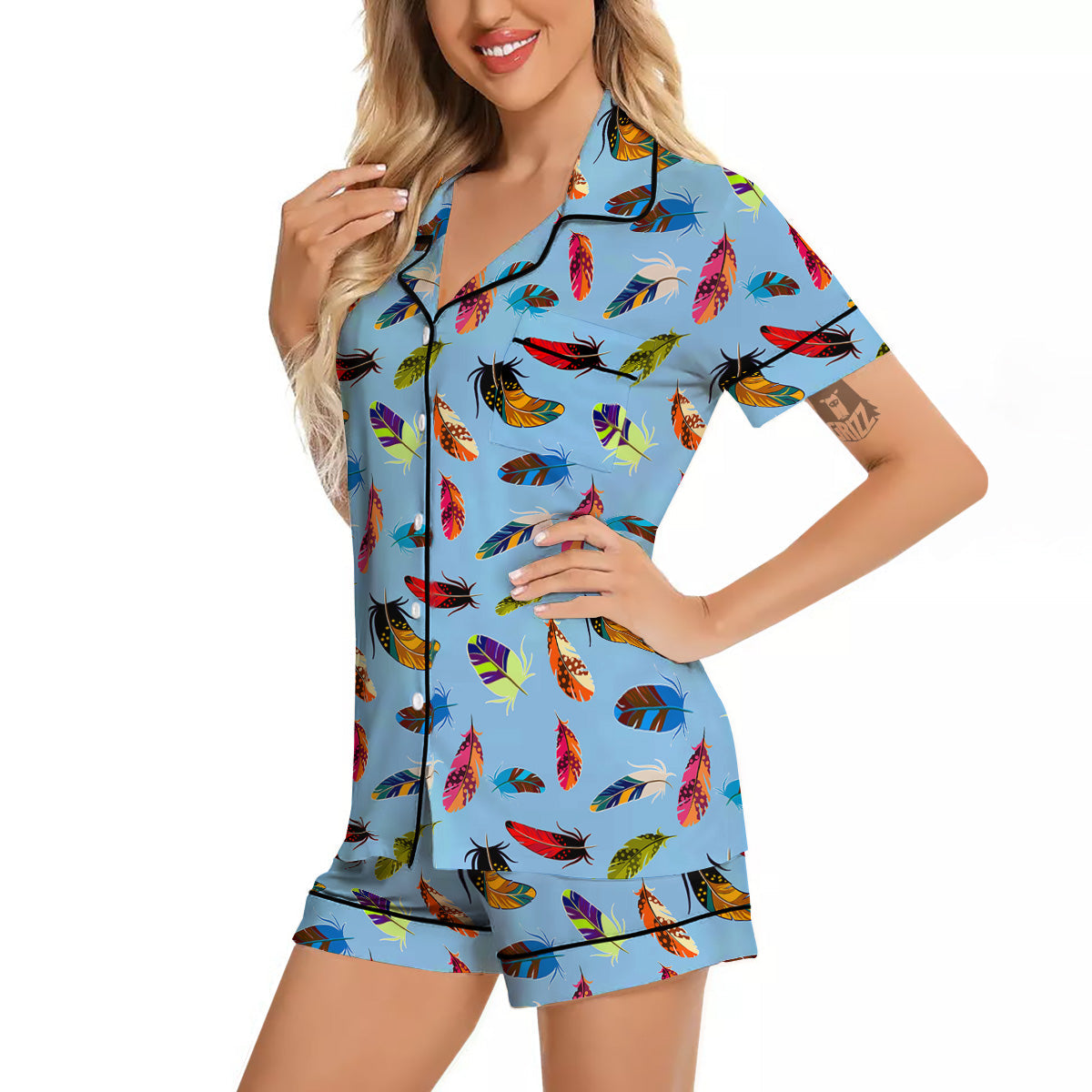 Colored Feathers Print Pattern Women Silk Pajamas-grizzshop