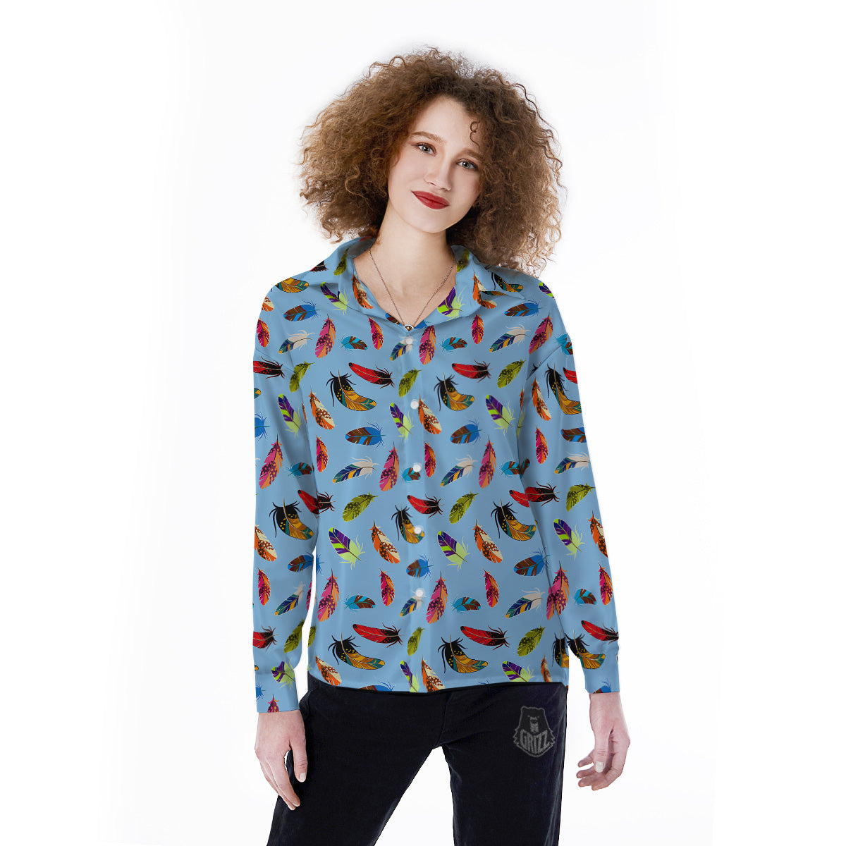 Colored Feathers Print Pattern Women's Long Sleeve Shirts-grizzshop