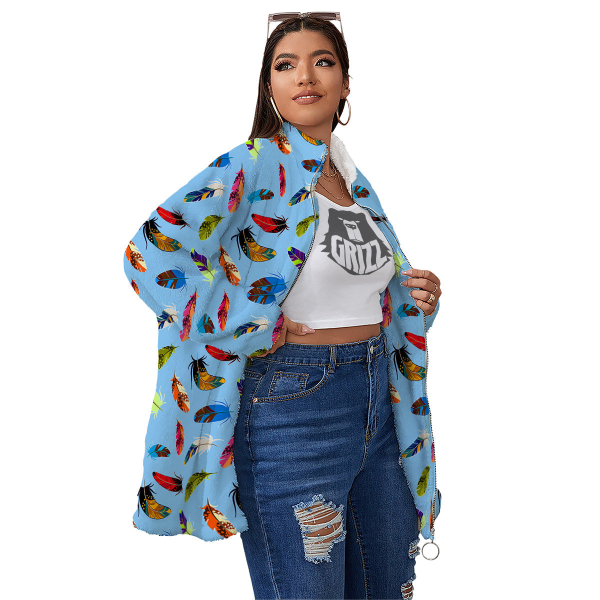 Colored Feathers Print Pattern Women's Sherpa Jacket-grizzshop