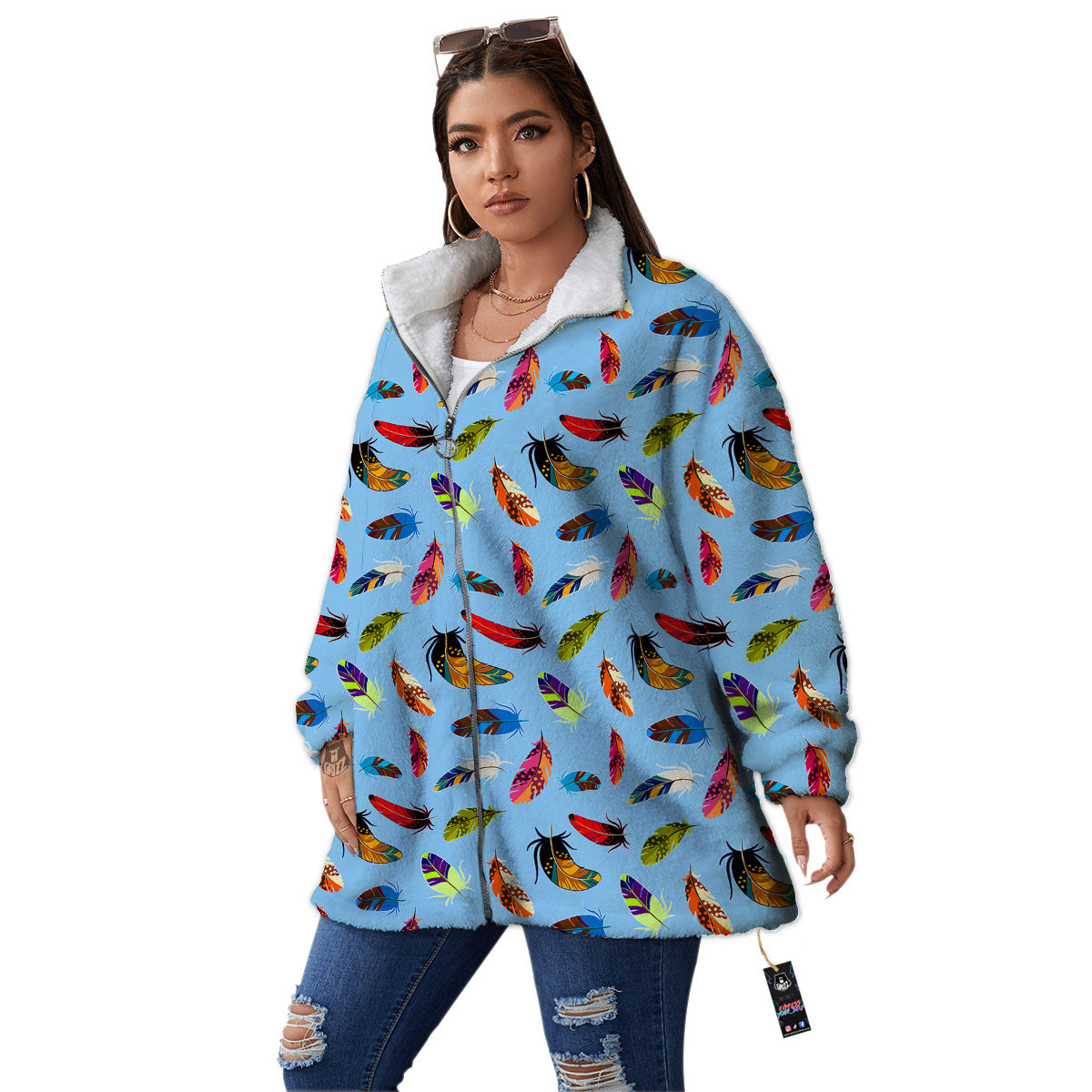 Colored Feathers Print Pattern Women's Sherpa Jacket-grizzshop