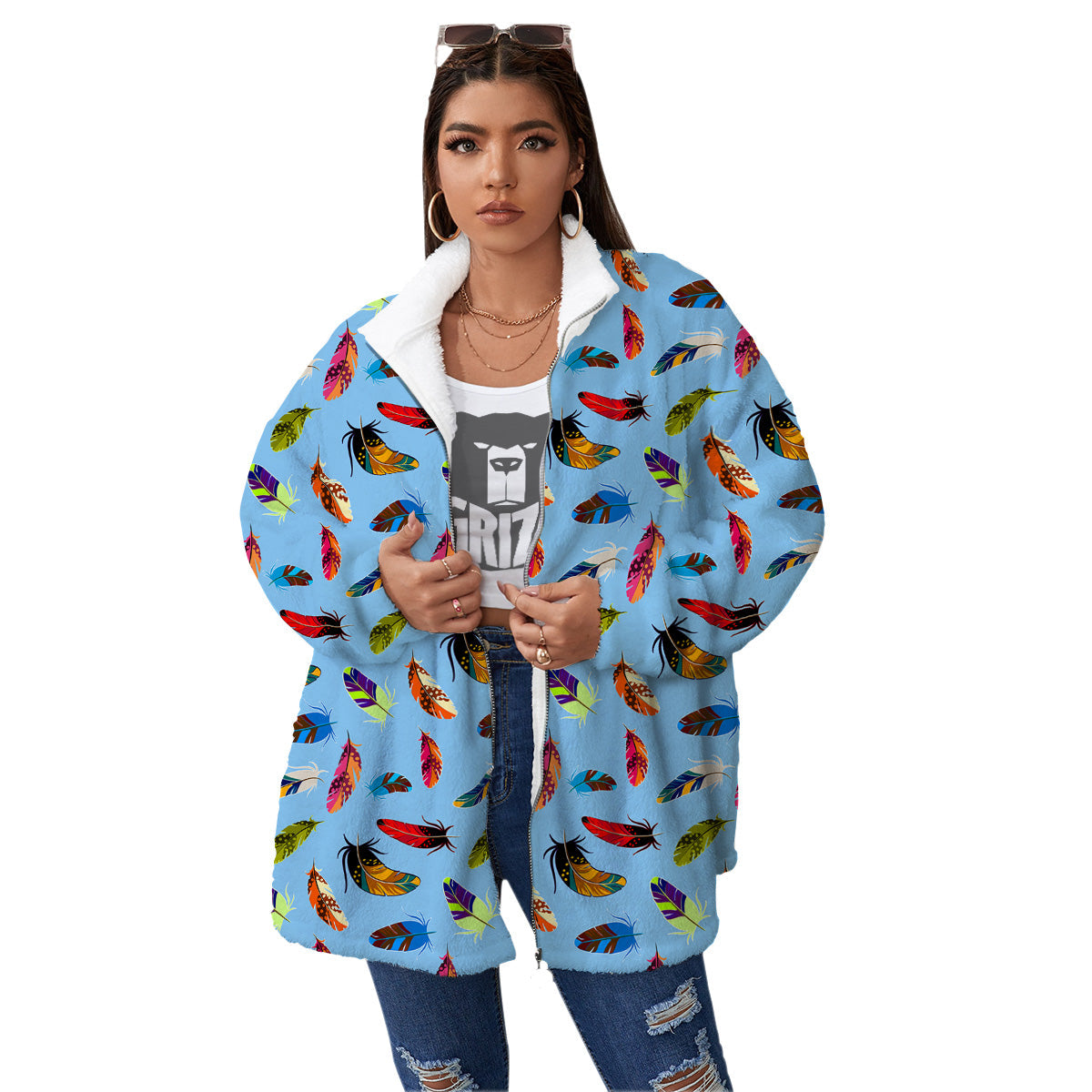 Colored Feathers Print Pattern Women's Sherpa Jacket-grizzshop