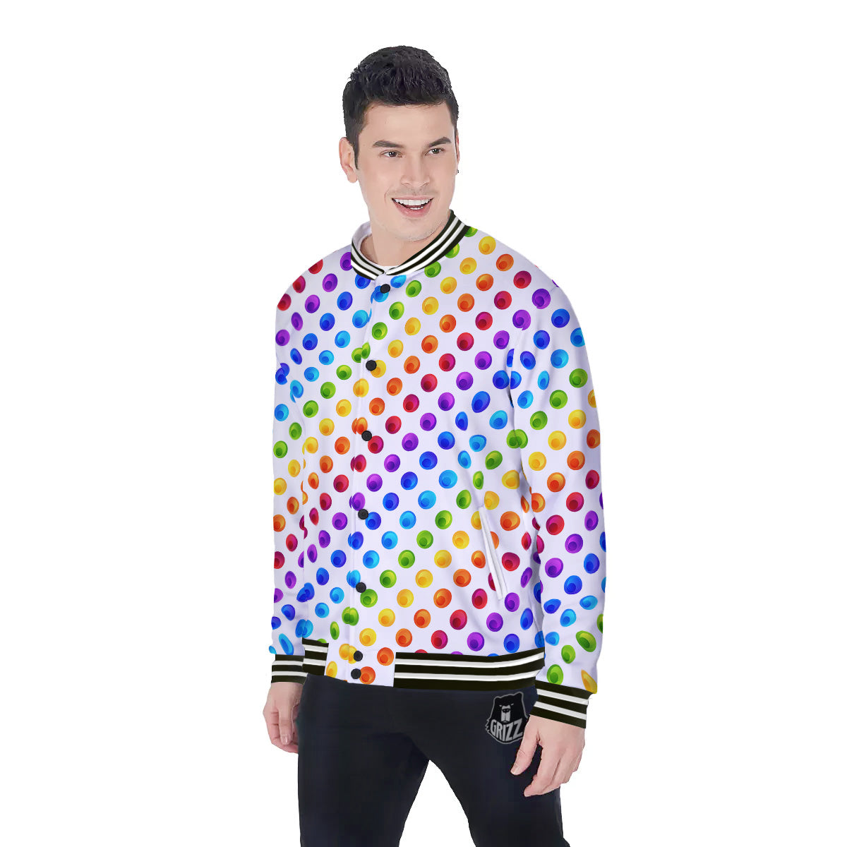 Colored Polka Dots Rainbow Print Pattern Baseball Jacket-grizzshop