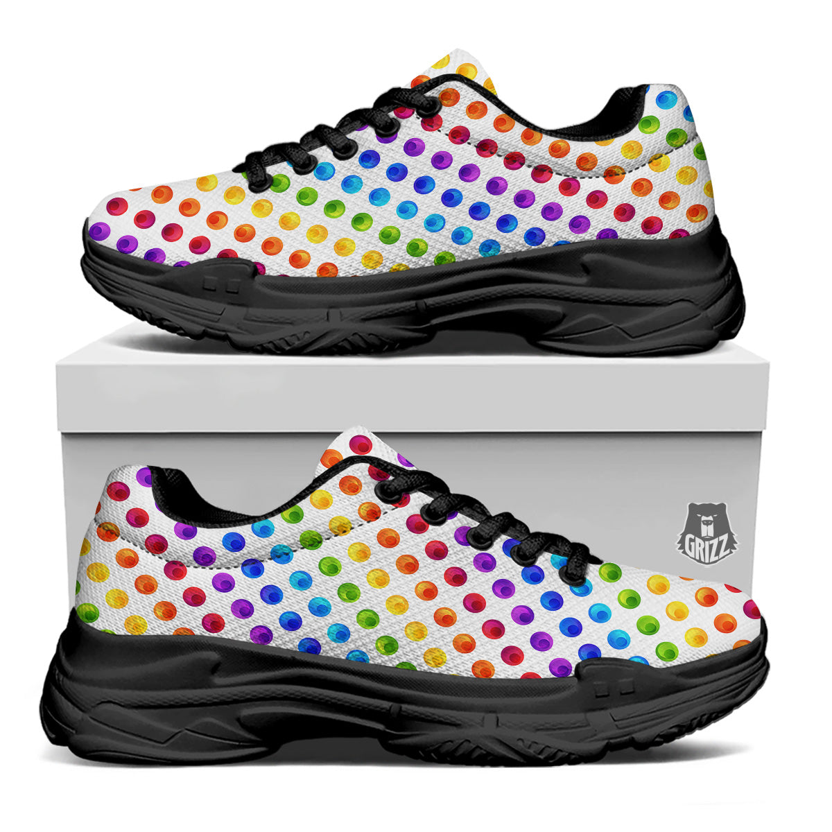 Colored Polka Dots Rainbow Print Pattern Black Chunky Shoes-grizzshop