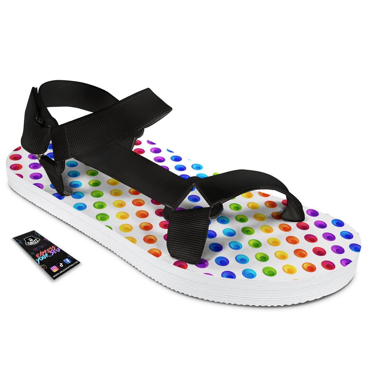 Colored Polka Dots Rainbow Print Pattern Black Open Toe Sandals-grizzshop