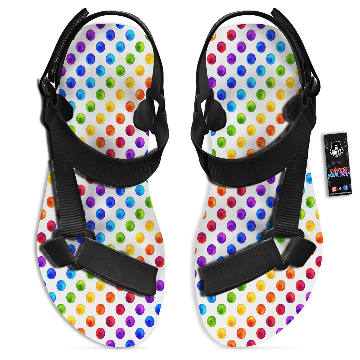 Colored Polka Dots Rainbow Print Pattern Black Open Toe Sandals-grizzshop
