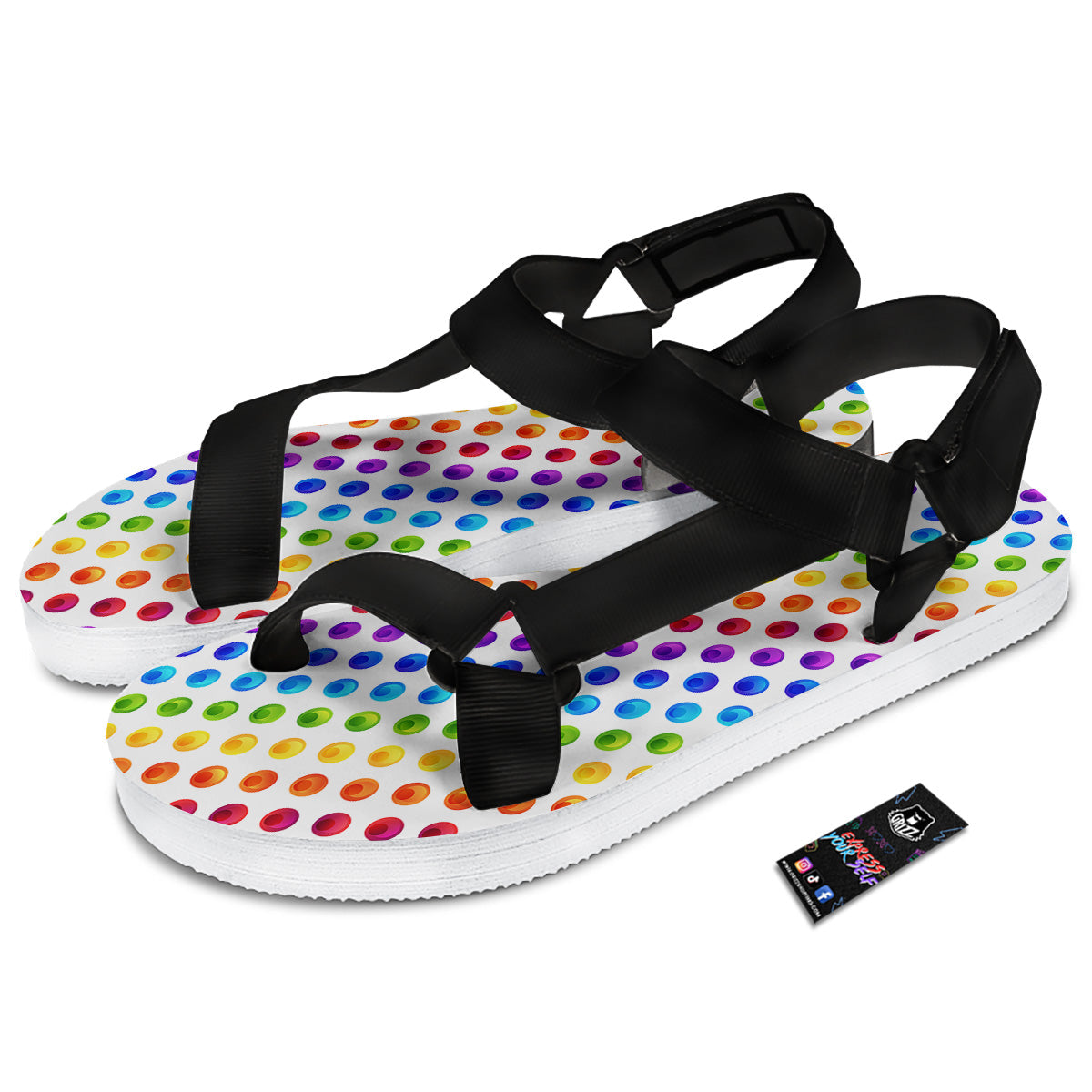 Colored Polka Dots Rainbow Print Pattern Black Open Toe Sandals-grizzshop