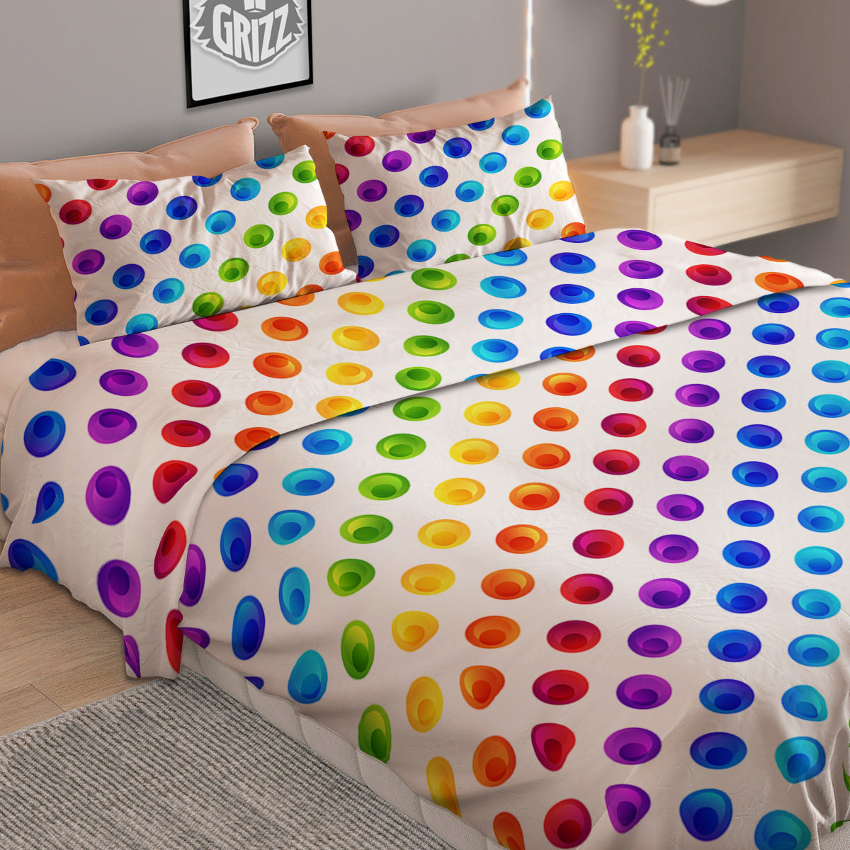 Colored Polka Dots Rainbow Print Pattern Duvet Cover Bedding Set