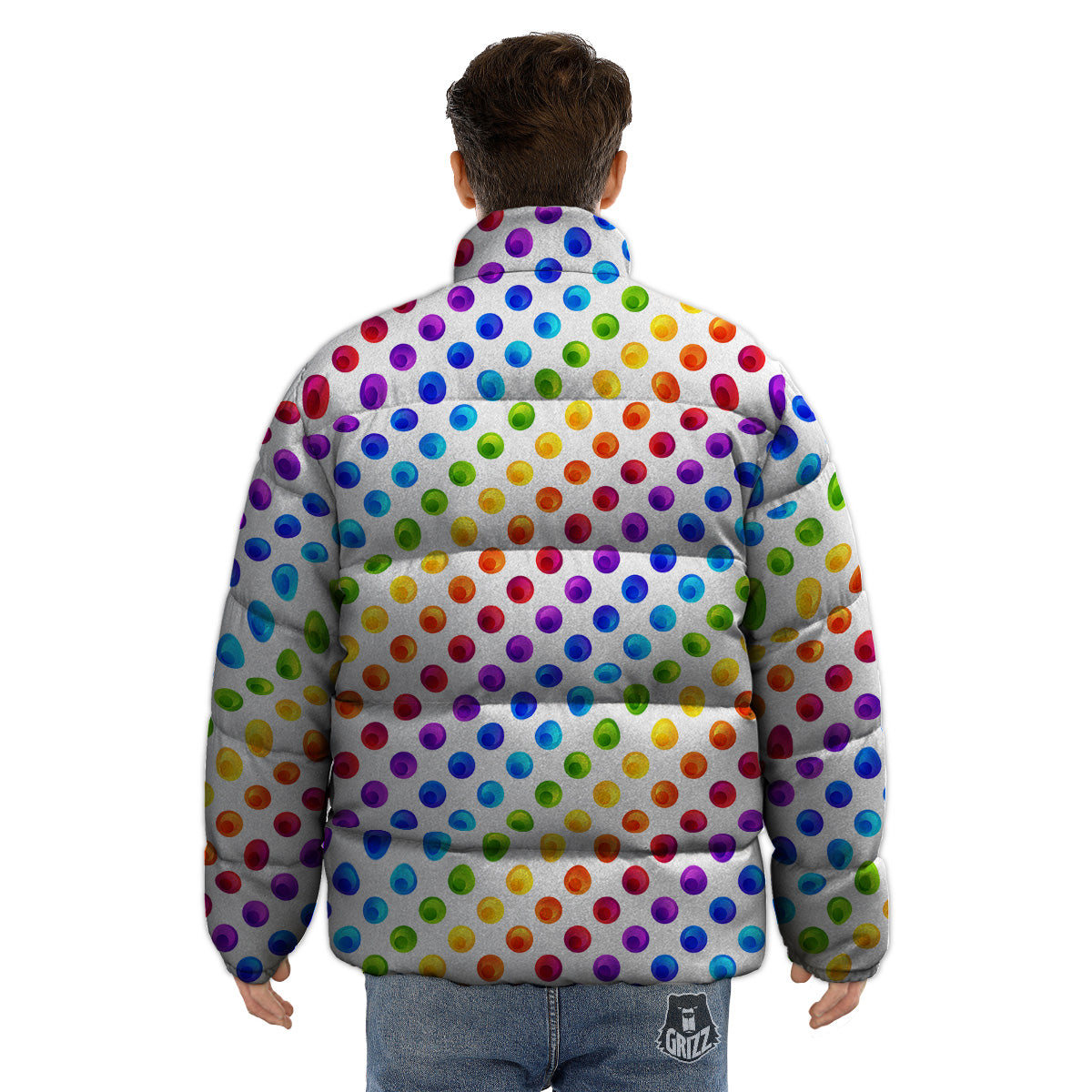 Colored Polka Dots Rainbow Print Pattern Puffer Jacket-grizzshop