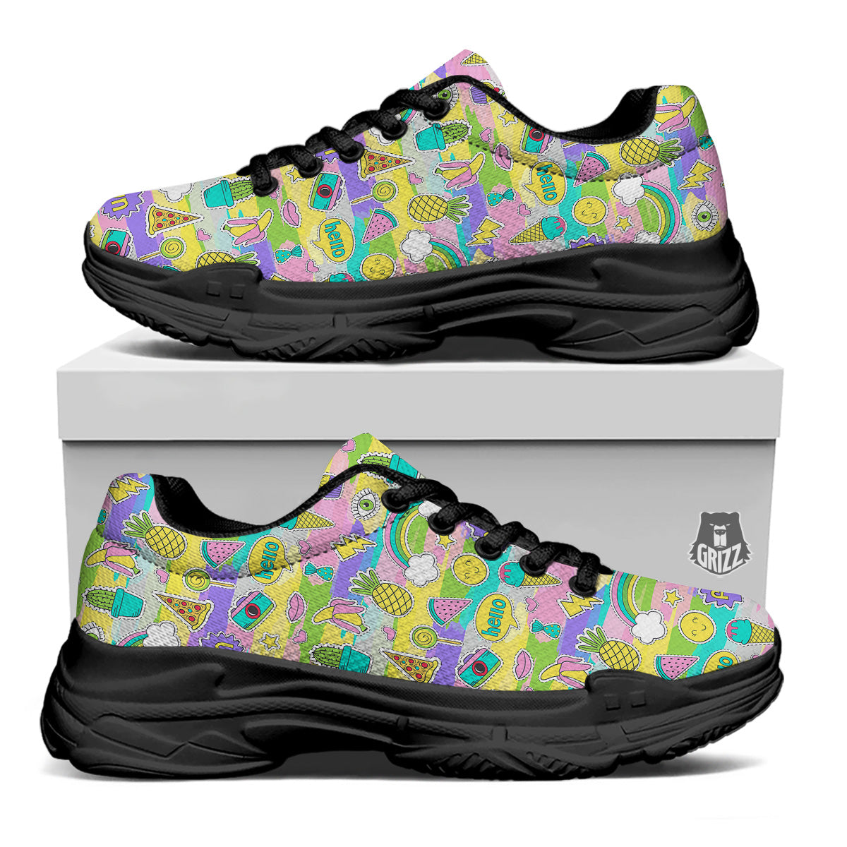 Colorful And Cute Stickers Print Pattern Black Chunky Shoes-grizzshop