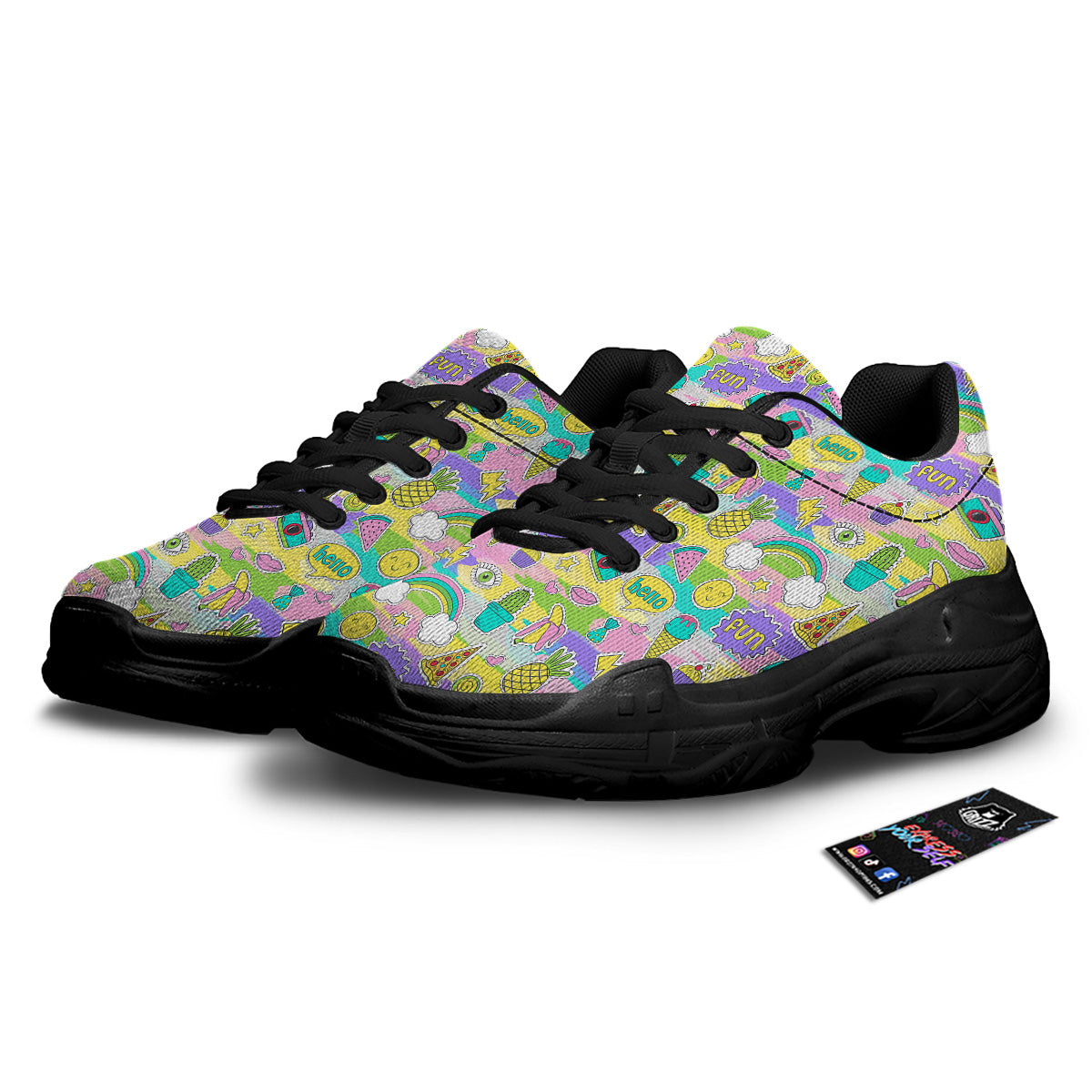 Colorful And Cute Stickers Print Pattern Black Chunky Shoes-grizzshop