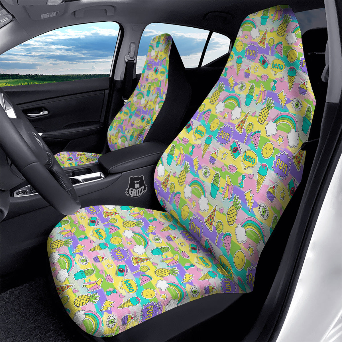 Colorful And Cute Stickers Print Pattern Car Seat Covers-grizzshop