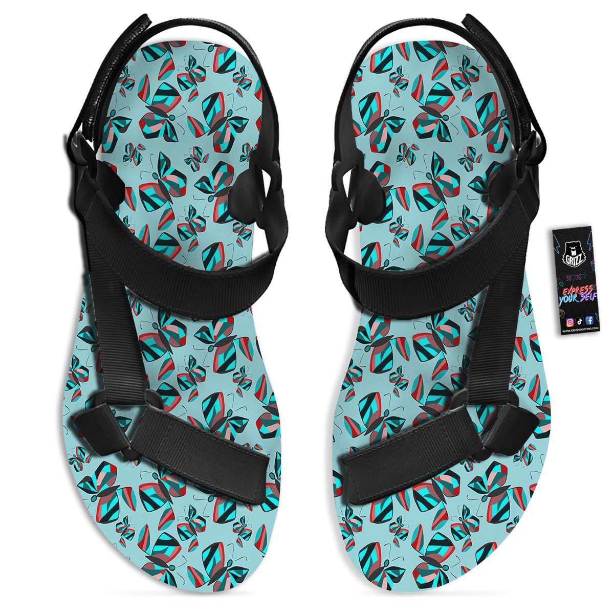 Colorful Butterfly Retro Print Pattern Black Open Toe Sandals-grizzshop