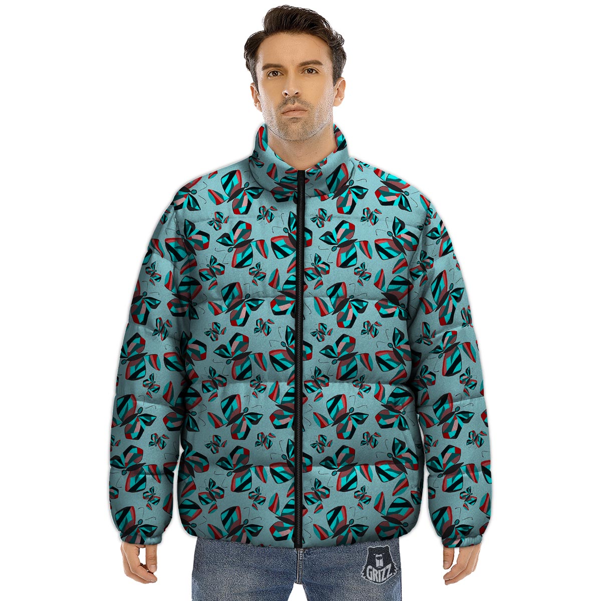 Colorful Butterfly Retro Print Pattern Puffer Jacket-grizzshop