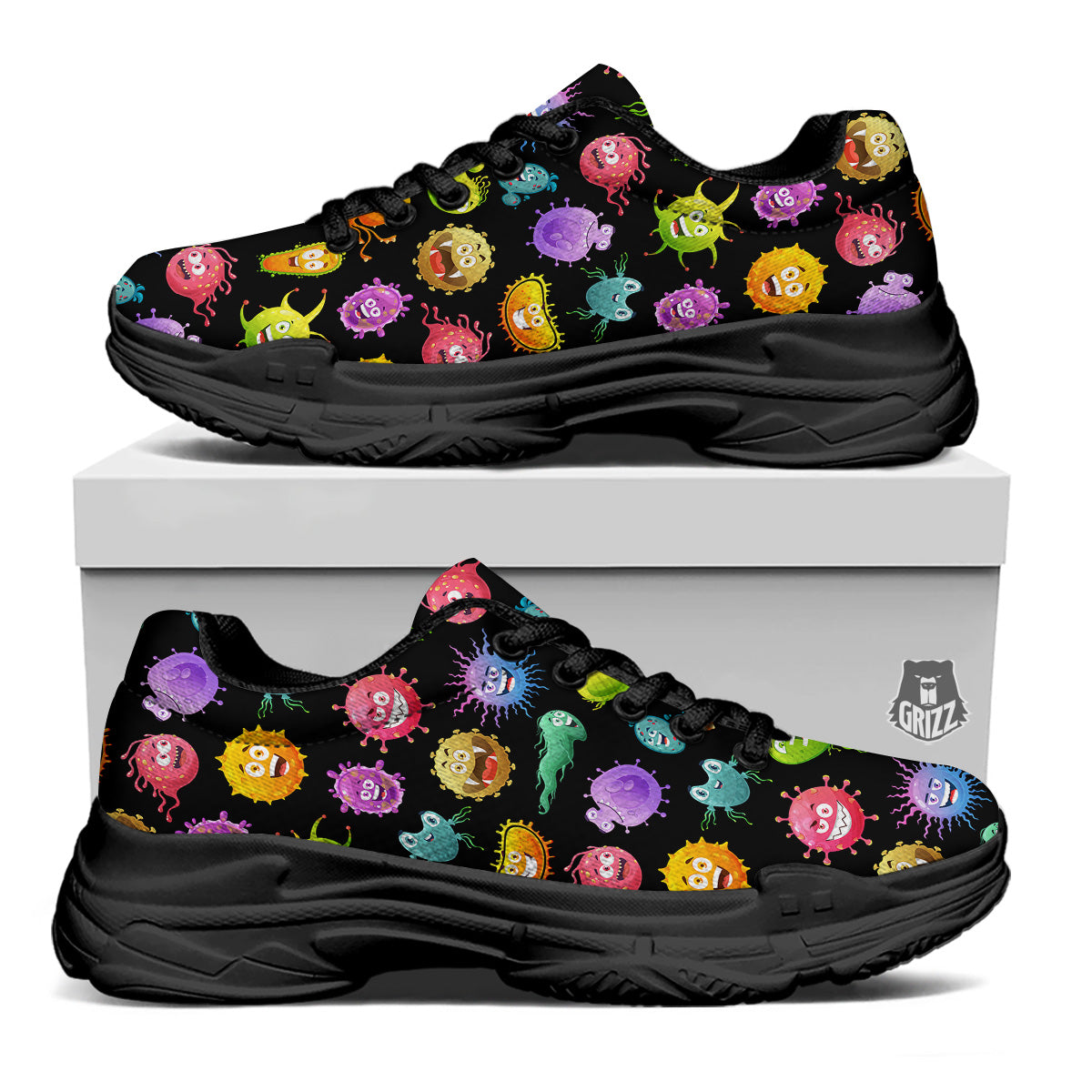 Colorful Cartoon Viruses Print Pattern Black Chunky Shoes-grizzshop