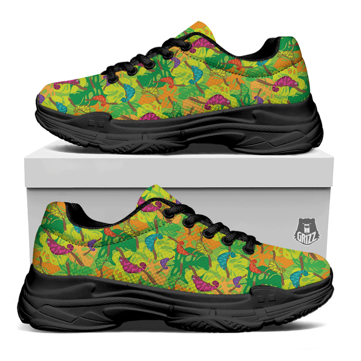 Colorful Chamaleon And Monstera Tropic Leave Print Pattern Black Chunky Shoes-grizzshop