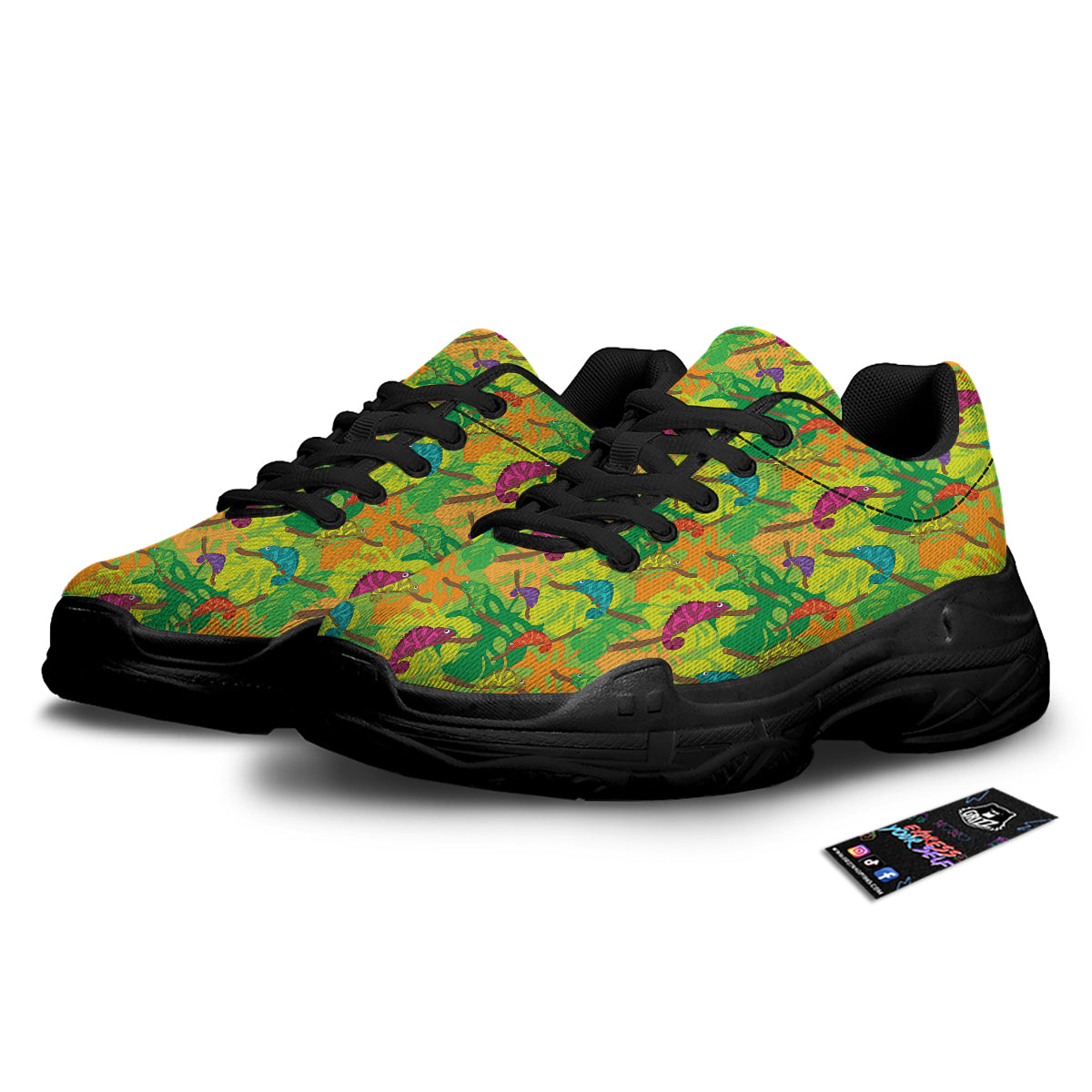 Colorful Chamaleon And Monstera Tropic Leave Print Pattern Black Chunky Shoes-grizzshop