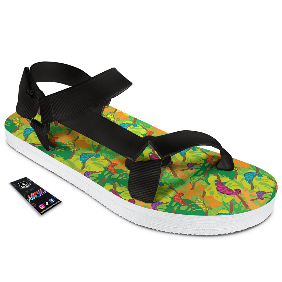 Colorful Chamaleon And Monstera Tropic Leave Print Pattern Black Open Toe Sandals-grizzshop