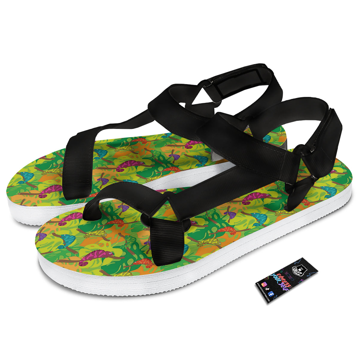 Colorful Chamaleon And Monstera Tropic Leave Print Pattern Black Open Toe Sandals-grizzshop