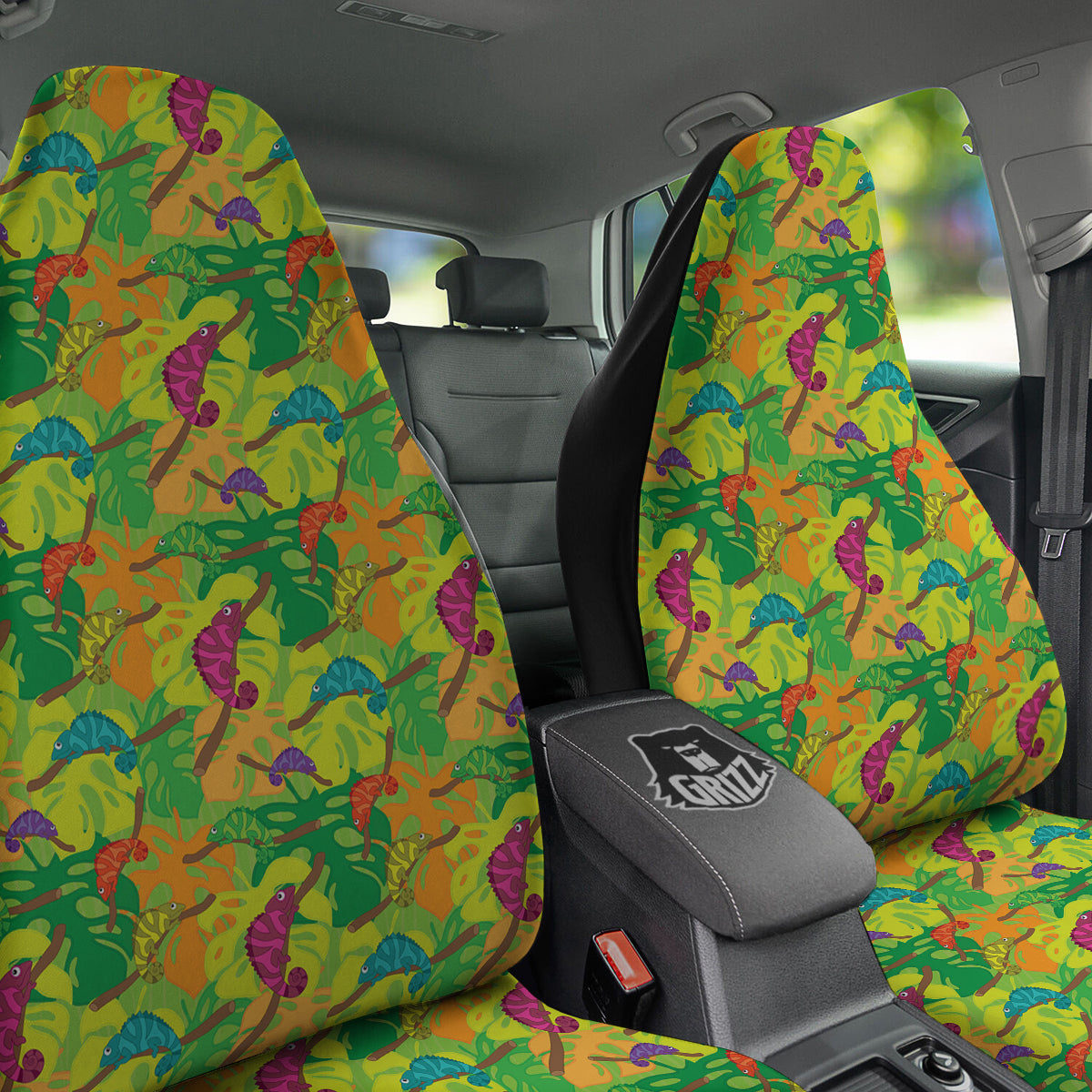 Colorful Chamaleon And Monstera Tropic Leave Print Pattern Car Seat Covers-grizzshop