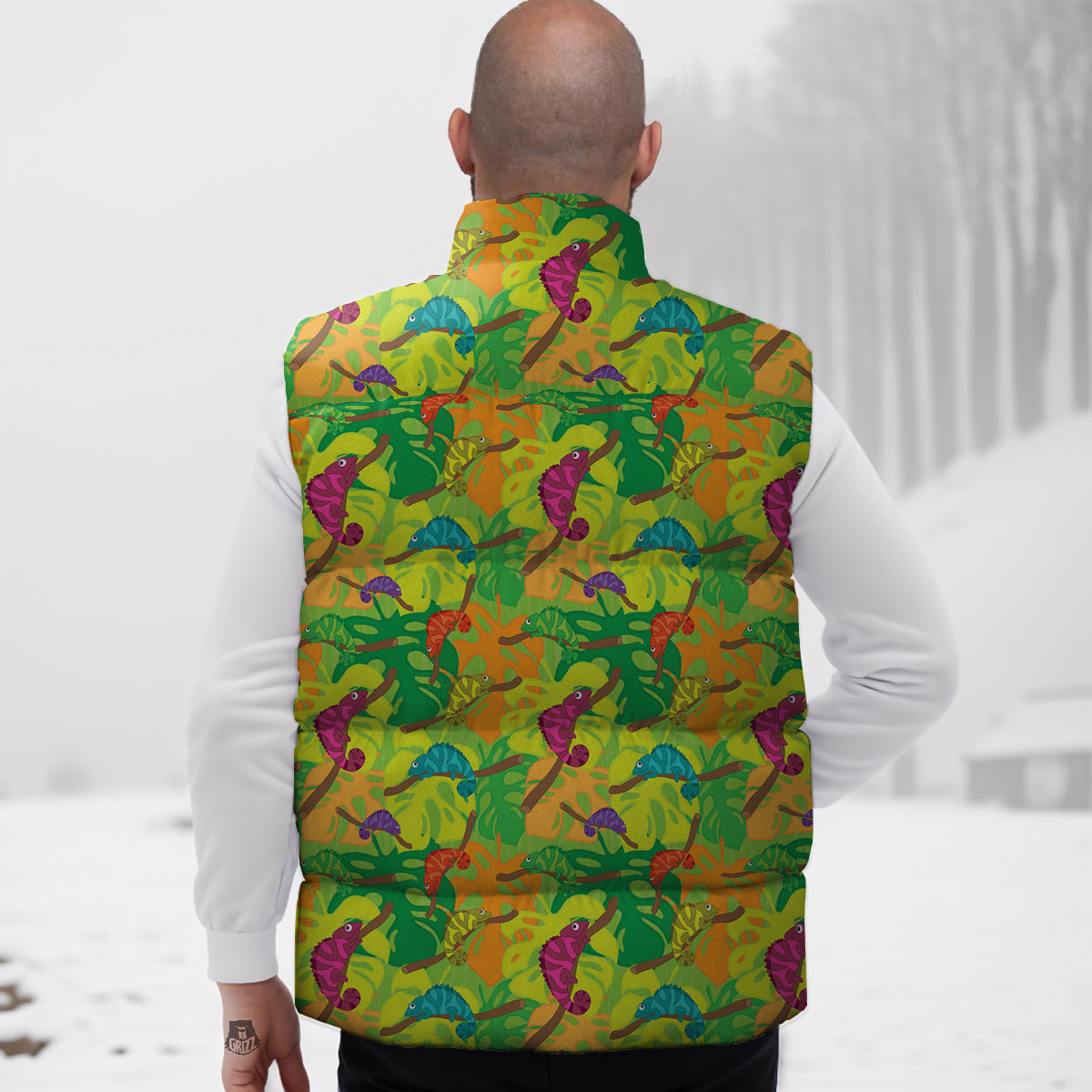 Colorful Chamaleon And Monstera Tropic Leave Print Pattern Down Vest