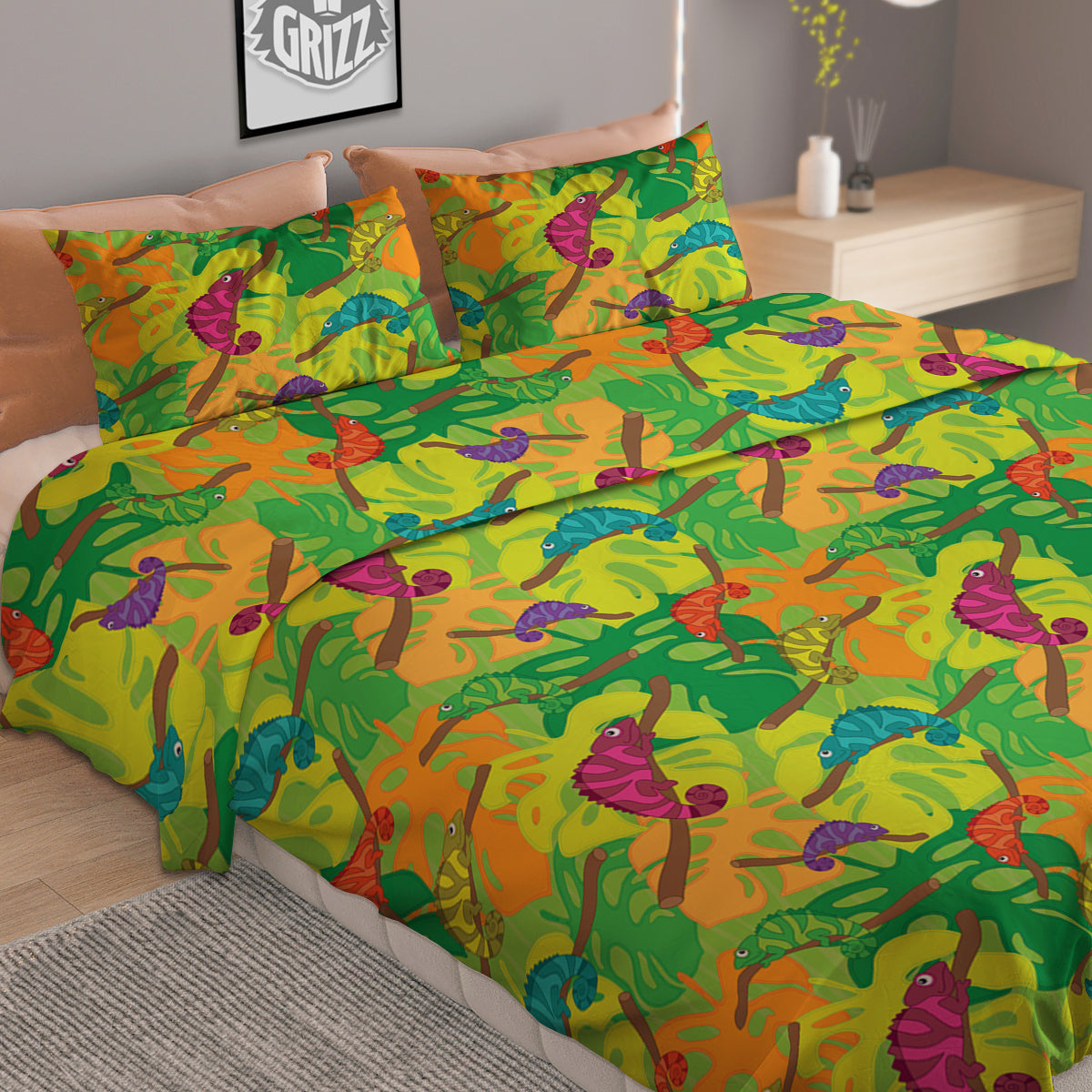 Colorful Chamaleon And Monstera Tropic Leave Print Pattern Duvet Cover Bedding Set