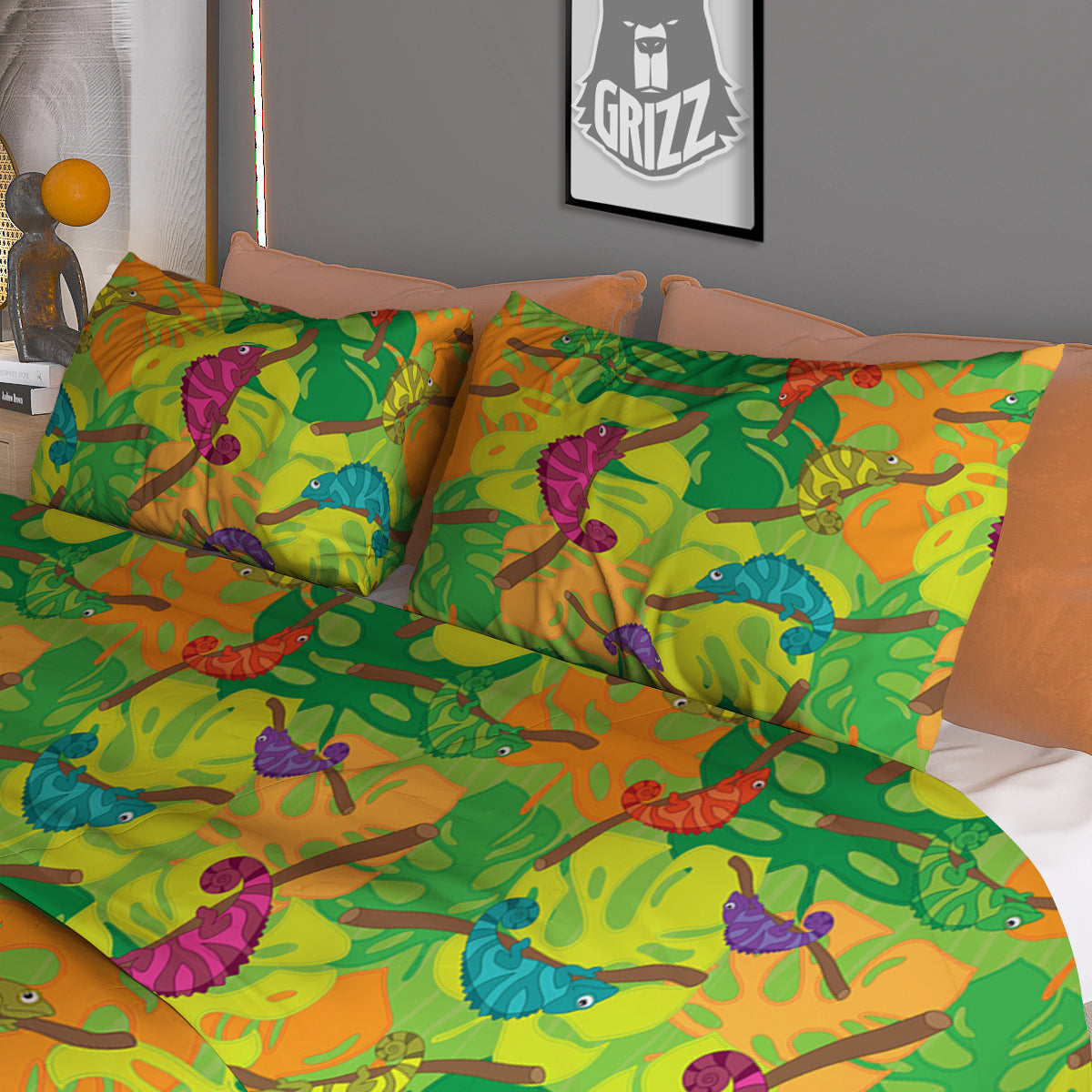 Colorful Chamaleon And Monstera Tropic Leave Print Pattern Duvet Cover Bedding Set