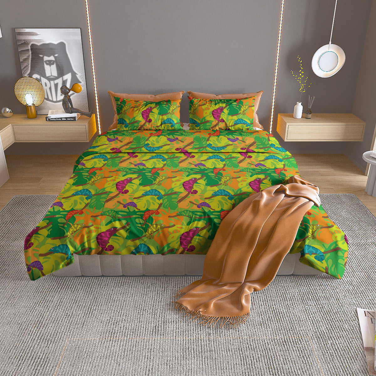 Colorful Chamaleon And Monstera Tropic Leave Print Pattern Duvet Cover Bedding Set
