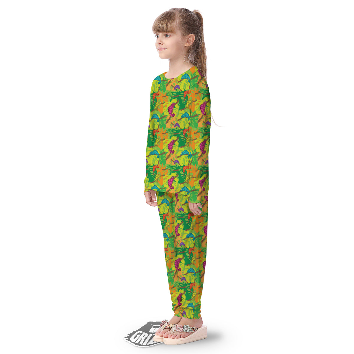 Colorful Chamaleon And Monstera Tropic Leave Print Pattern Kid's Pajamas-grizzshop