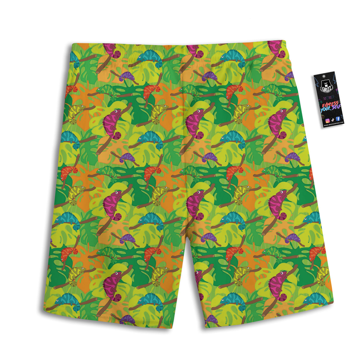 Colorful Chamaleon And Monstera Tropic Leave Print Pattern Men's Athletic Shorts