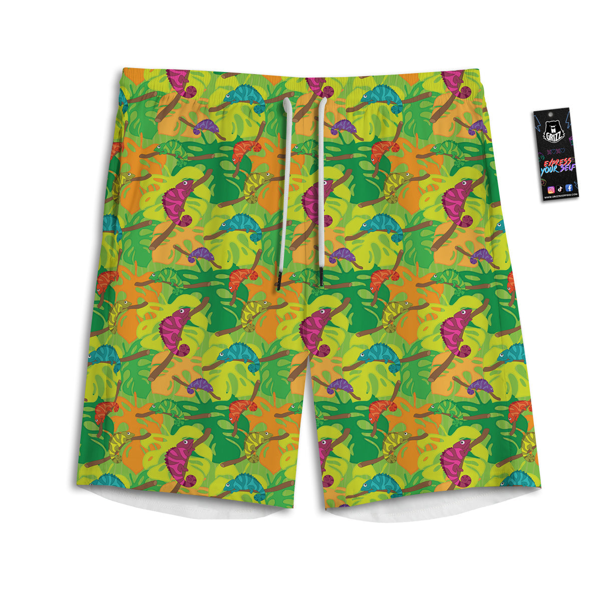 Colorful Chamaleon And Monstera Tropic Leave Print Pattern Men's Athletic Shorts