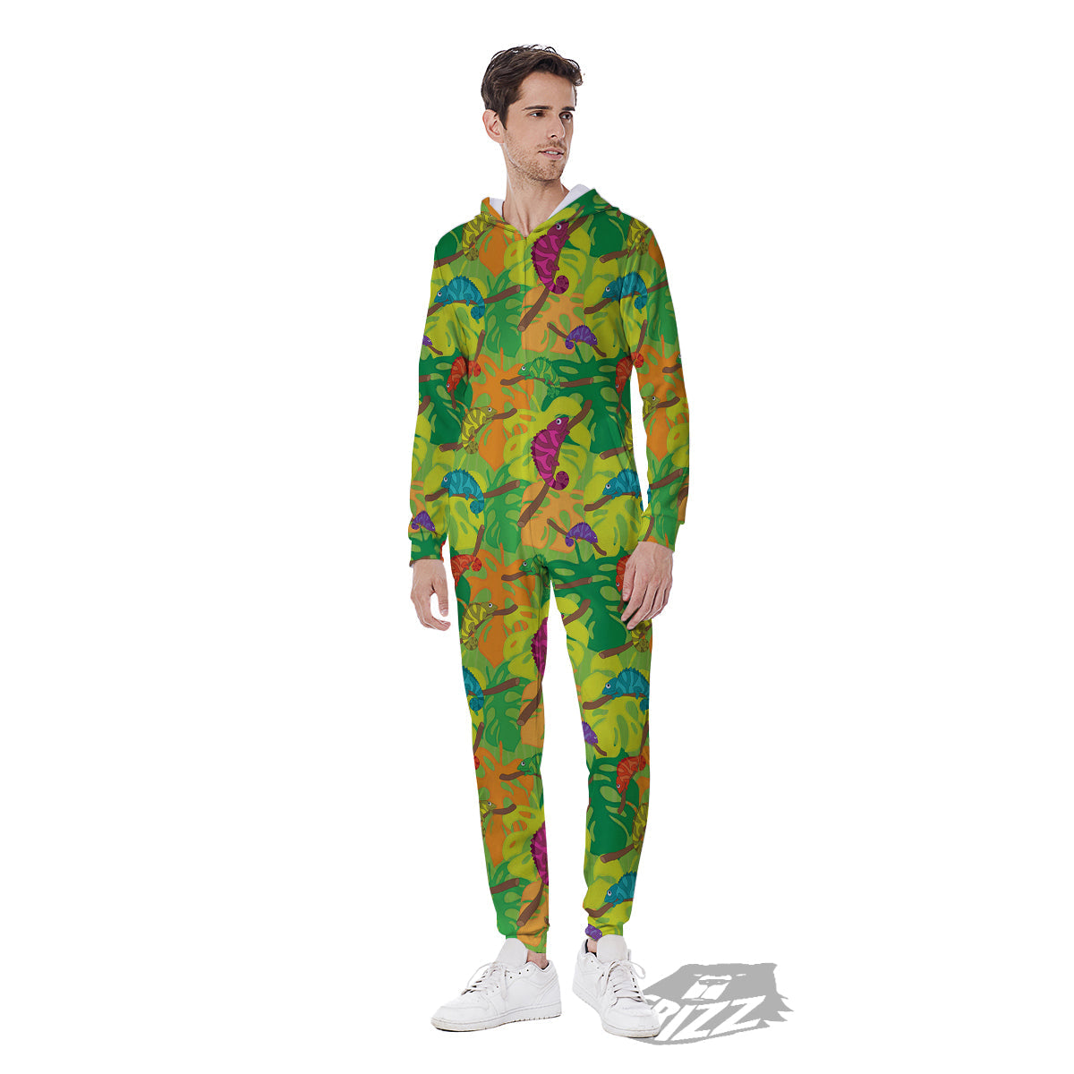 Colorful Chamaleon And Monstera Tropic Leave Print Pattern Men's Jumpsuit-grizzshop