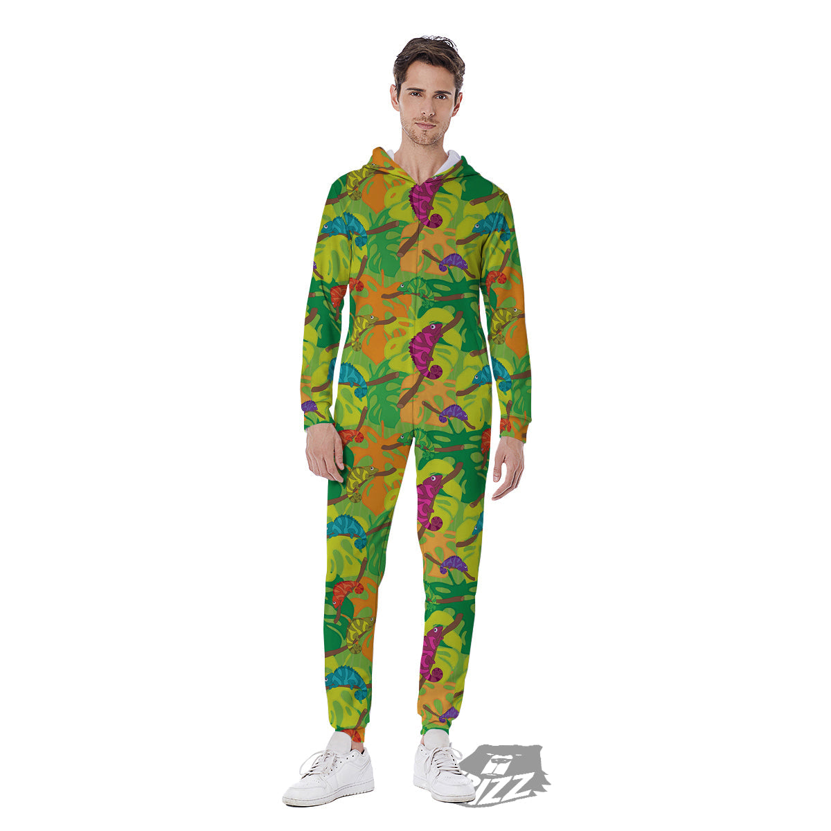 Colorful Chamaleon And Monstera Tropic Leave Print Pattern Men's Jumpsuit-grizzshop