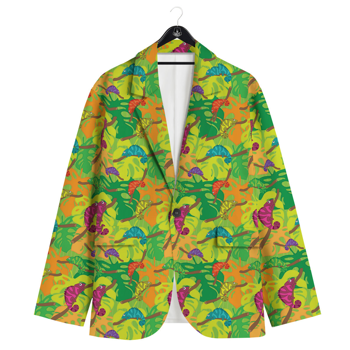 Colorful Chamaleon And Monstera Tropic Leave Print Pattern Men's Sport Coat-grizzshop