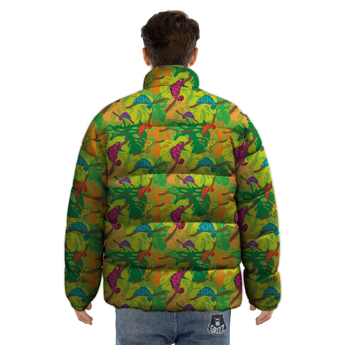 Colorful Chamaleon And Monstera Tropic Leave Print Pattern Puffer Jacket-grizzshop