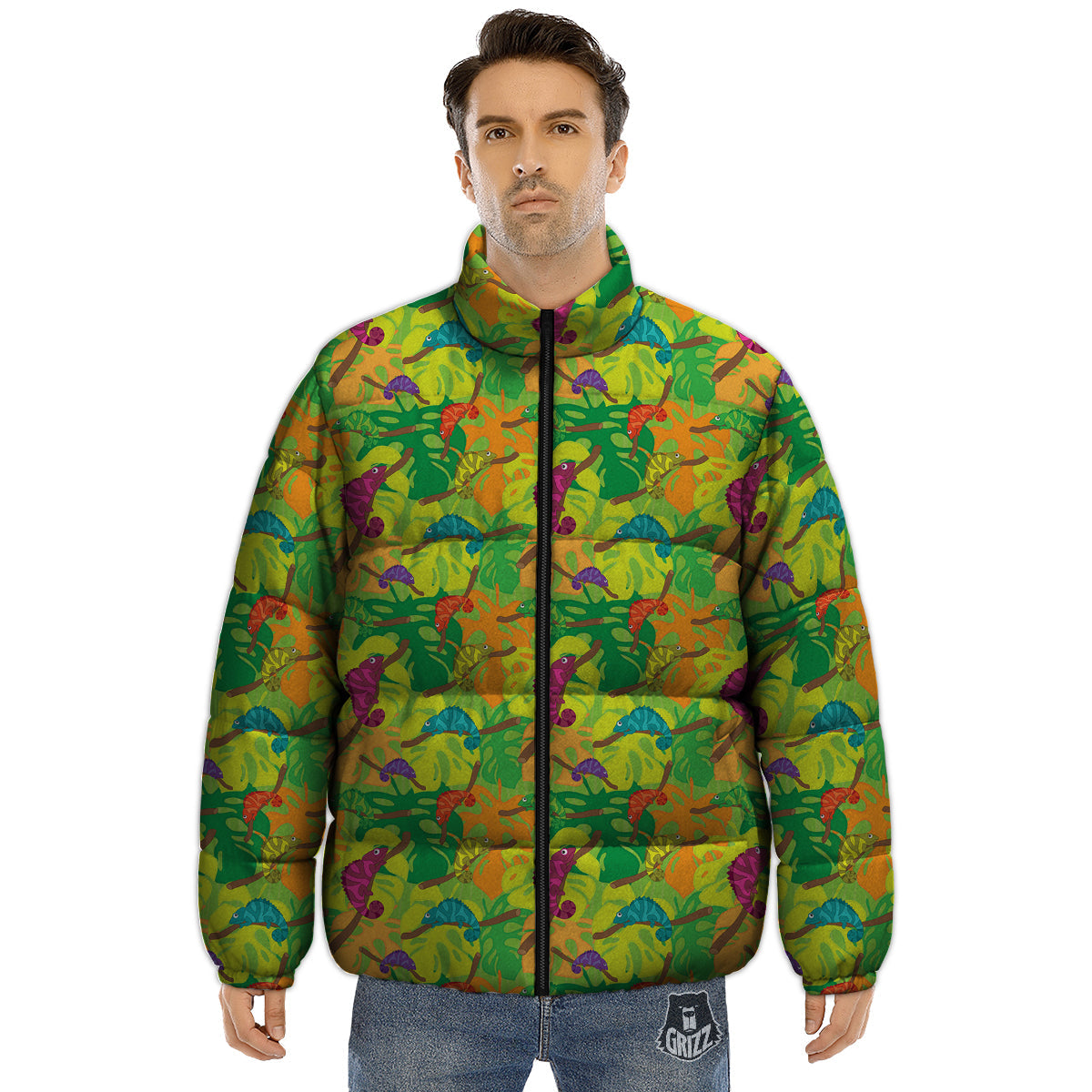 Colorful Chamaleon And Monstera Tropic Leave Print Pattern Puffer Jacket-grizzshop