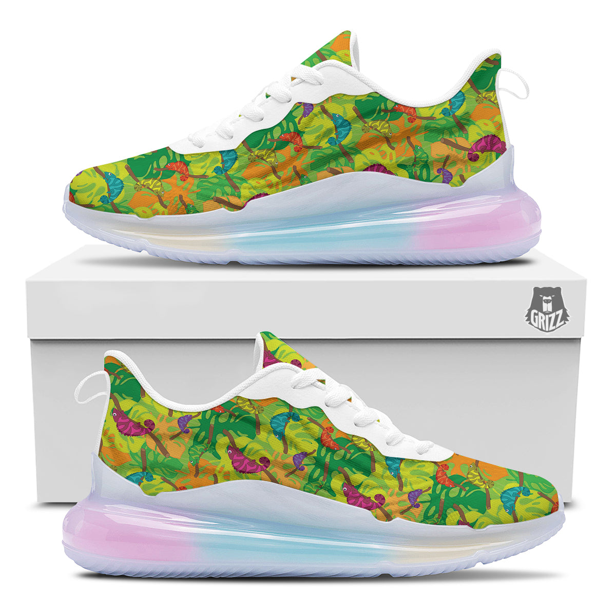 Colorful Chamaleon And Monstera Tropic Leave Print Pattern Running Sneakers-grizzshop