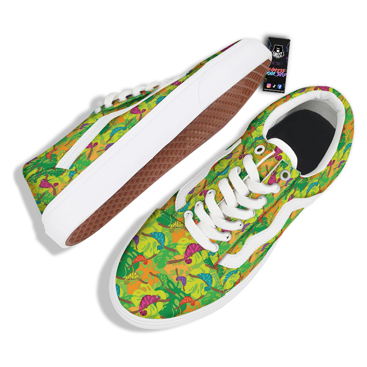 Colorful Chamaleon And Monstera Tropic Leave Print Pattern Skate Shoes-grizzshop