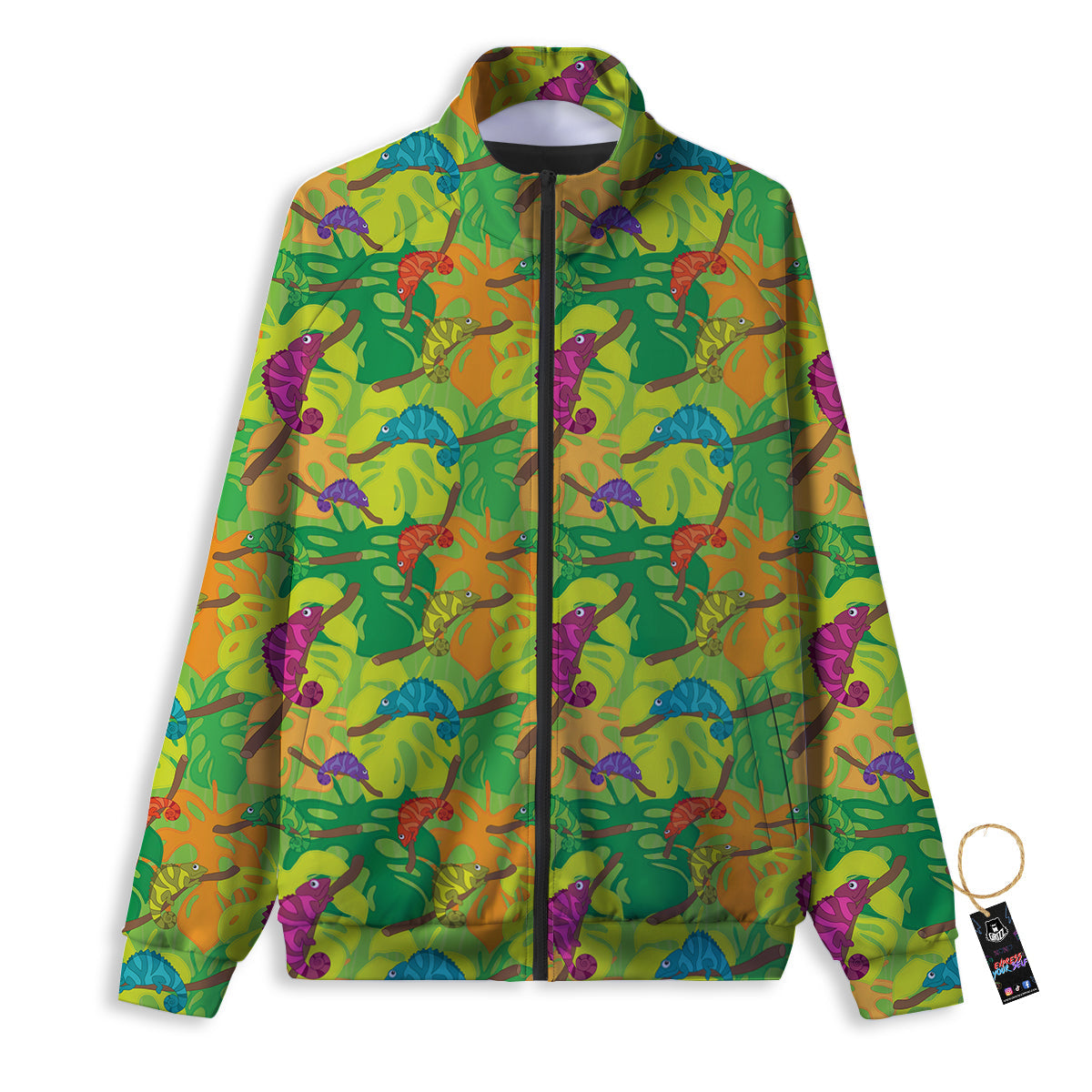 Colorful Chamaleon And Monstera Tropic Leave Print Pattern Track Jacket-grizzshop