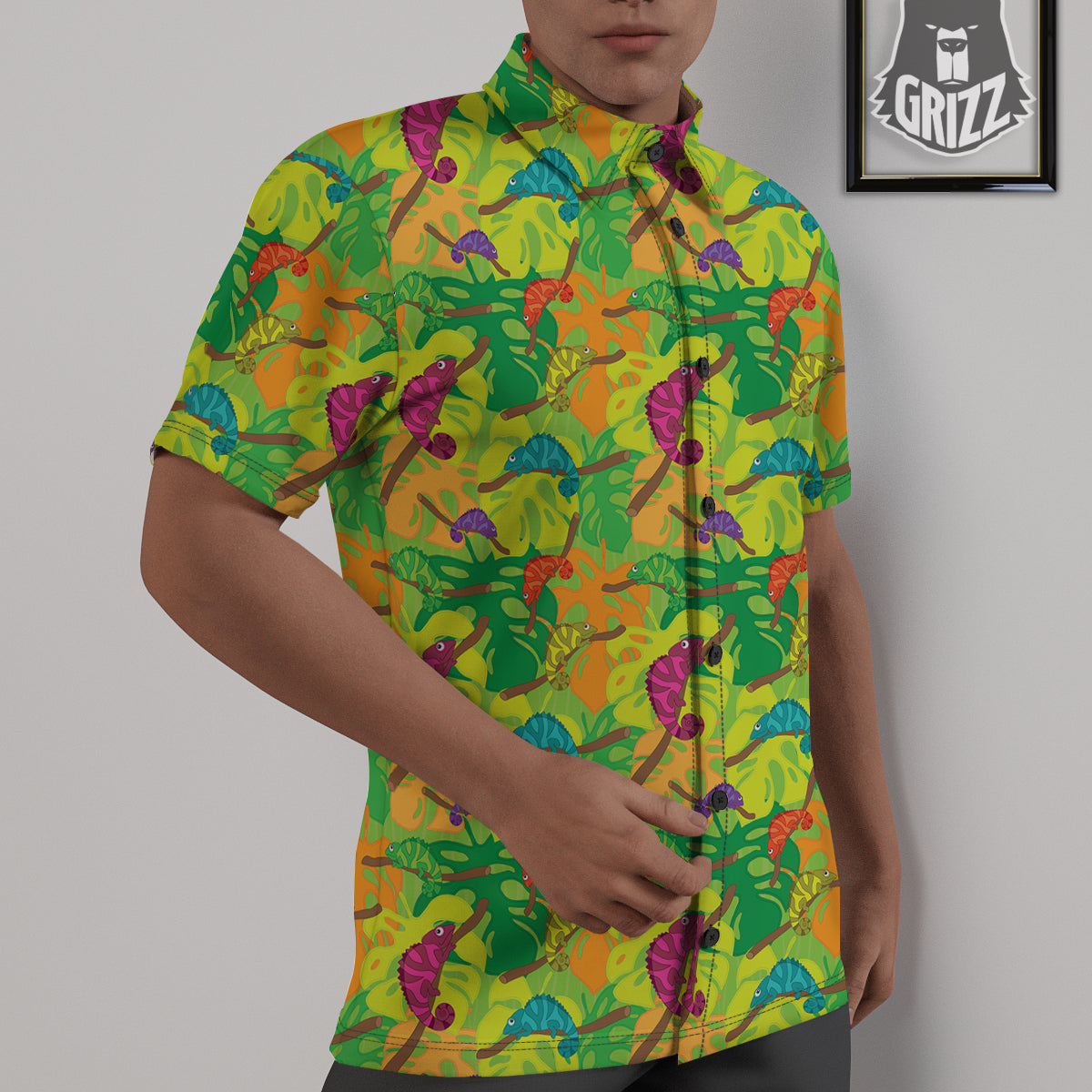Colorful Chamaleon And Monstera Tropic Leave Print Pattern Untucked Shirts-grizzshop
