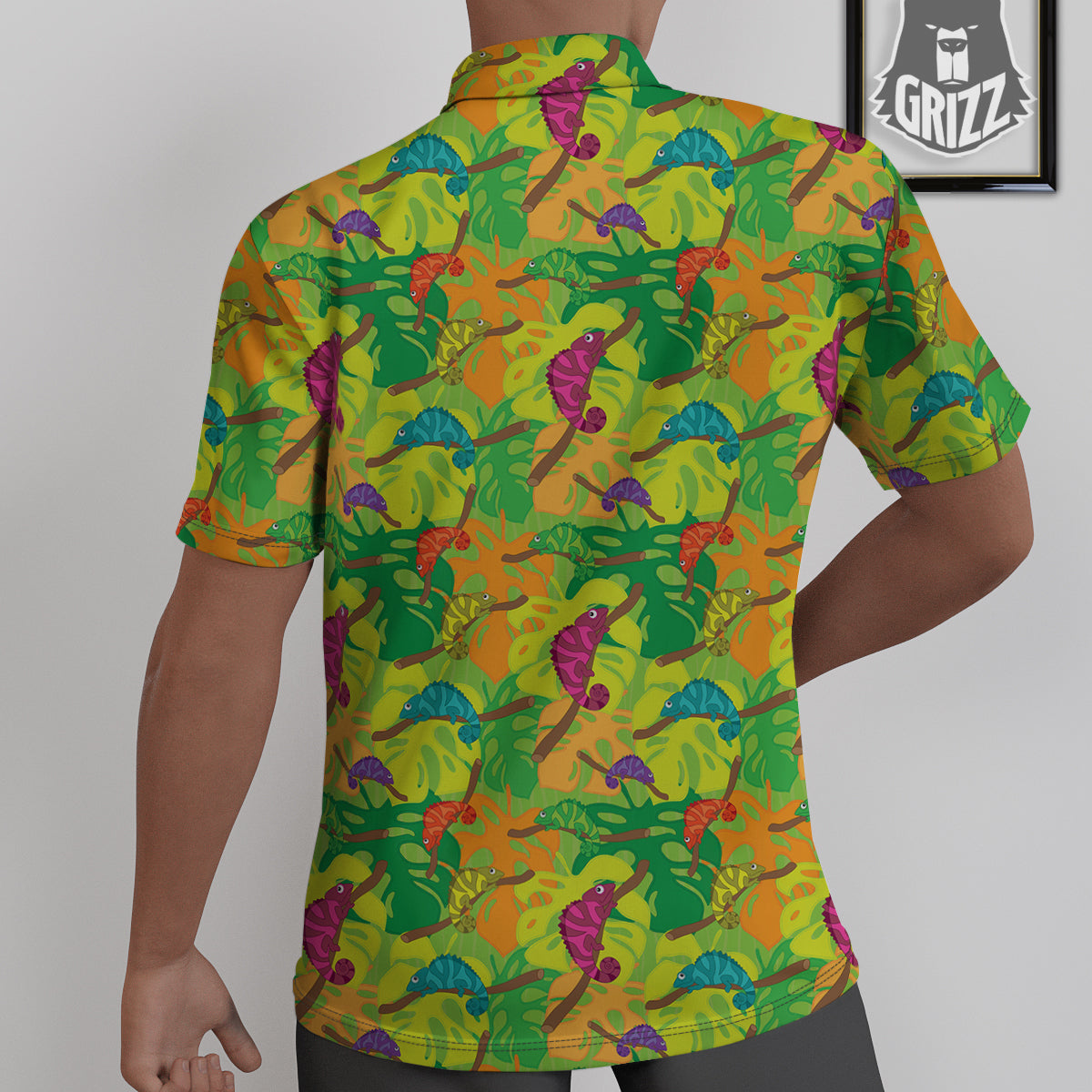 Colorful Chamaleon And Monstera Tropic Leave Print Pattern Untucked Shirts-grizzshop