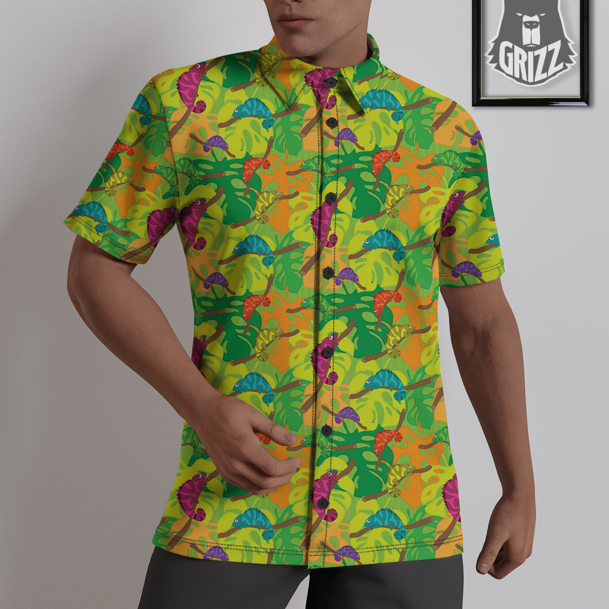 Colorful Chamaleon And Monstera Tropic Leave Print Pattern Untucked Shirts-grizzshop