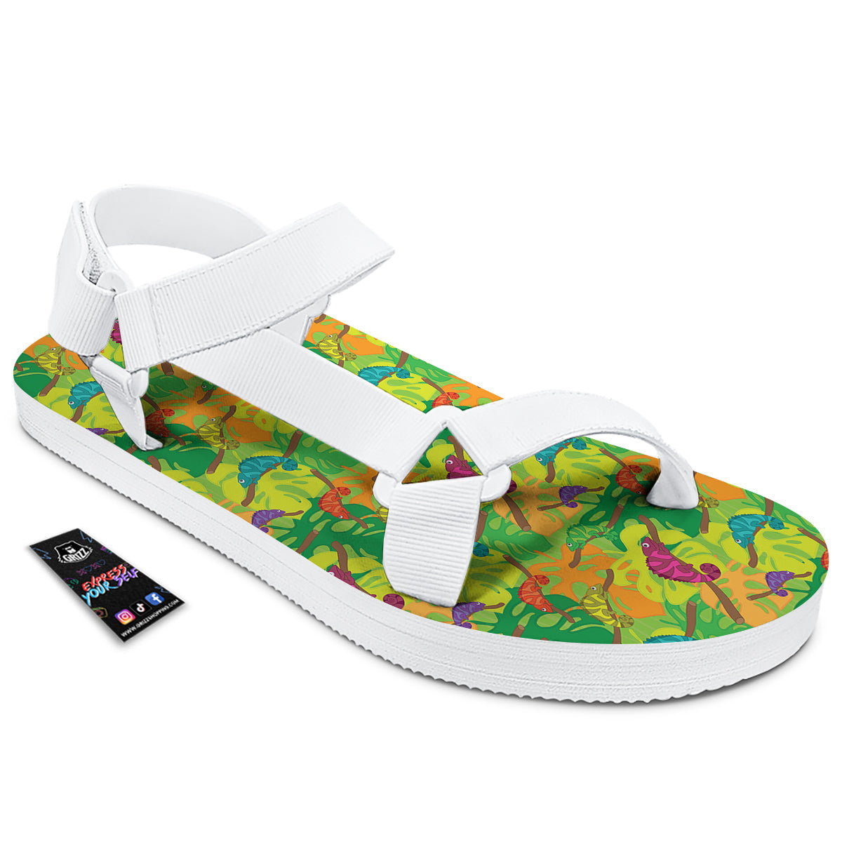 Colorful Chamaleon And Monstera Tropic Leave Print Pattern White Open Toe Sandals-grizzshop