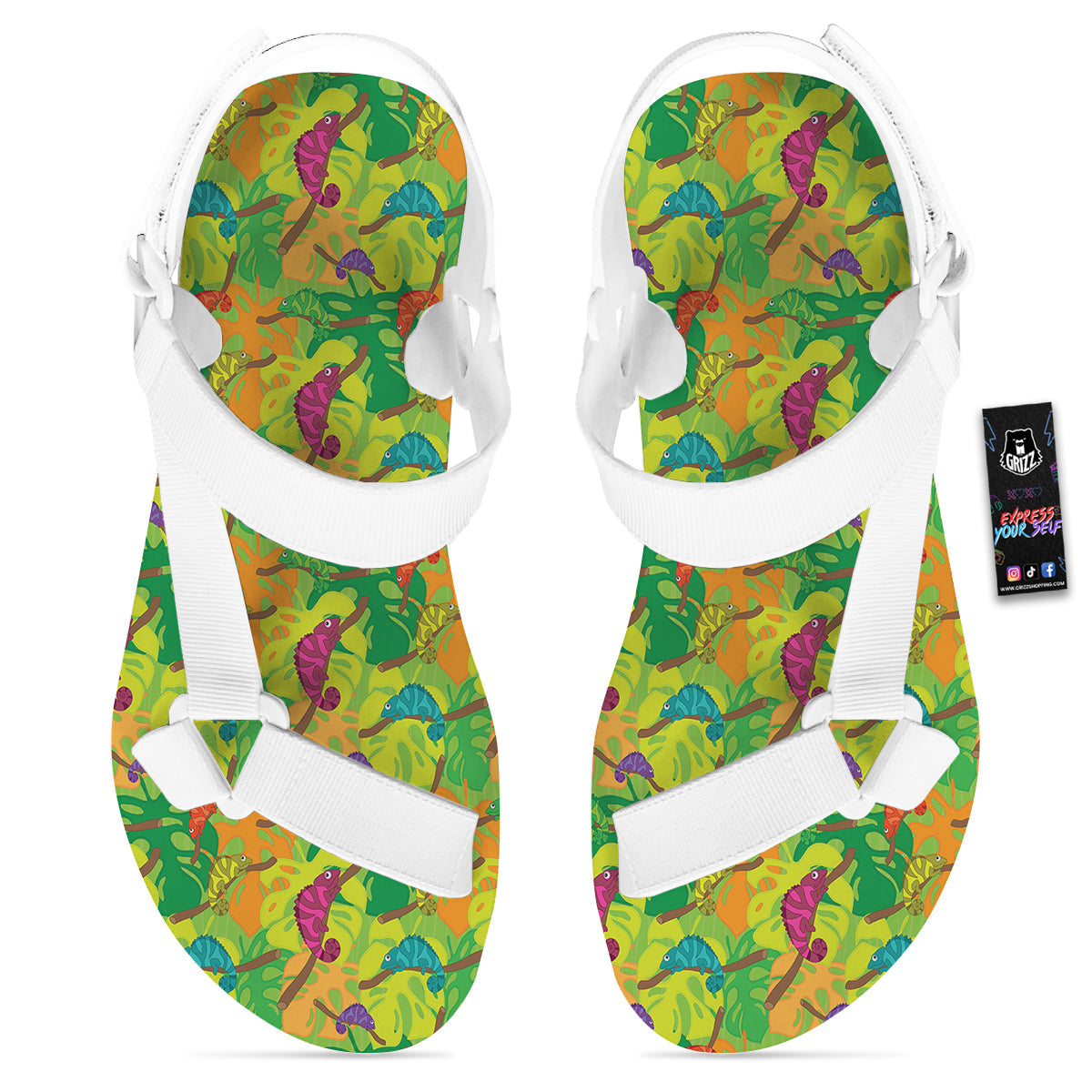 Colorful Chamaleon And Monstera Tropic Leave Print Pattern White Open Toe Sandals-grizzshop