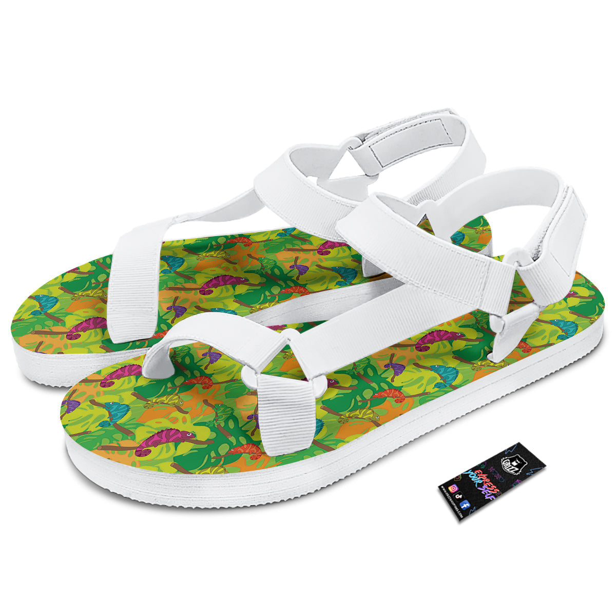 Colorful Chamaleon And Monstera Tropic Leave Print Pattern White Open Toe Sandals-grizzshop