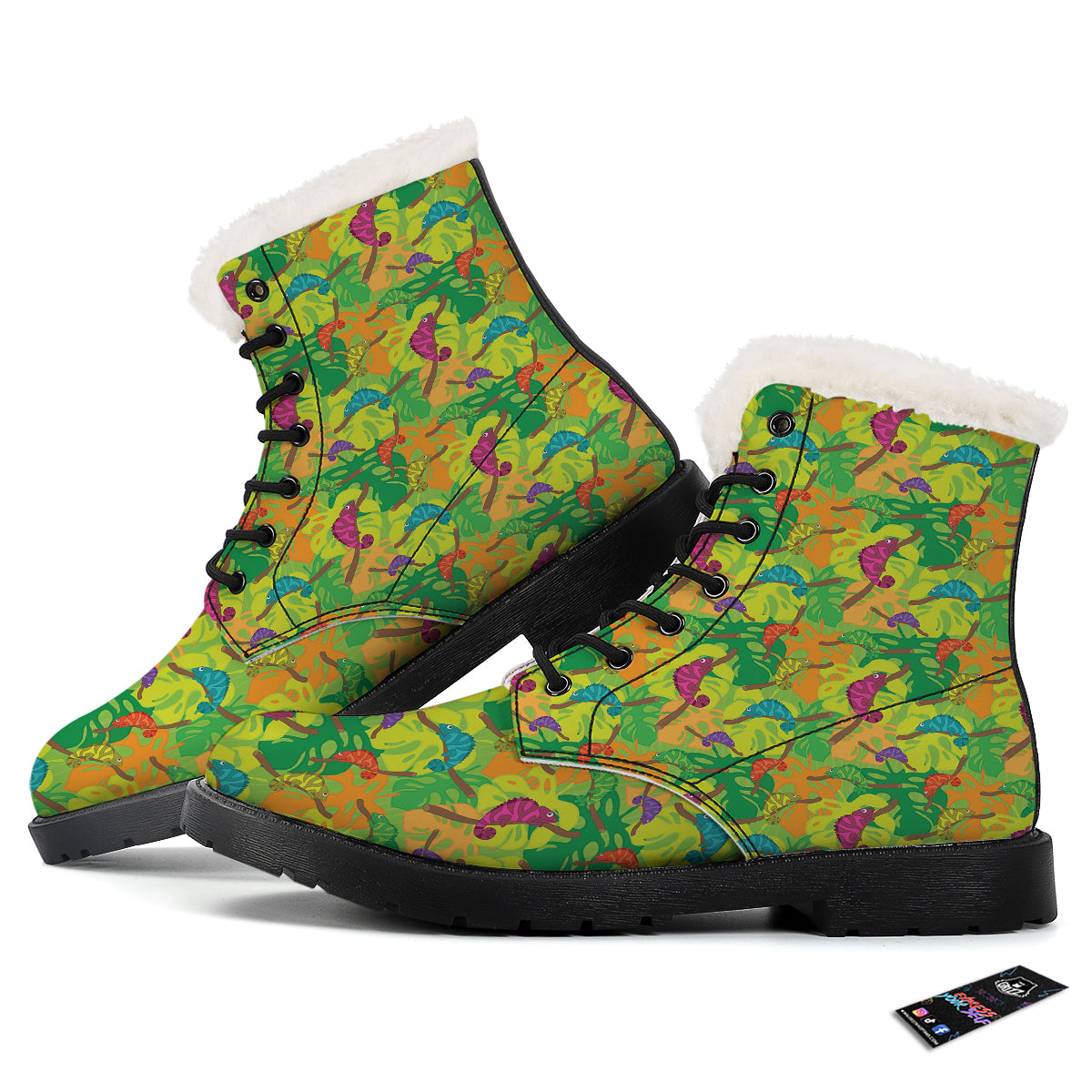 Colorful Chamaleon And Monstera Tropic Leave Print Pattern Winter Boots-grizzshop