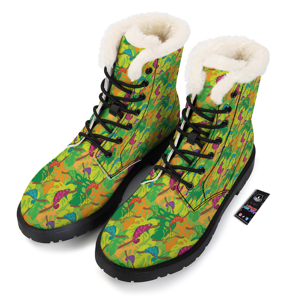 Colorful Chamaleon And Monstera Tropic Leave Print Pattern Winter Boots-grizzshop