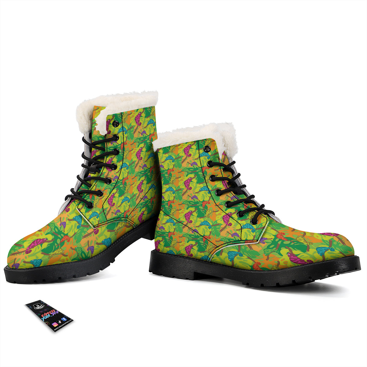 Colorful Chamaleon And Monstera Tropic Leave Print Pattern Winter Boots-grizzshop