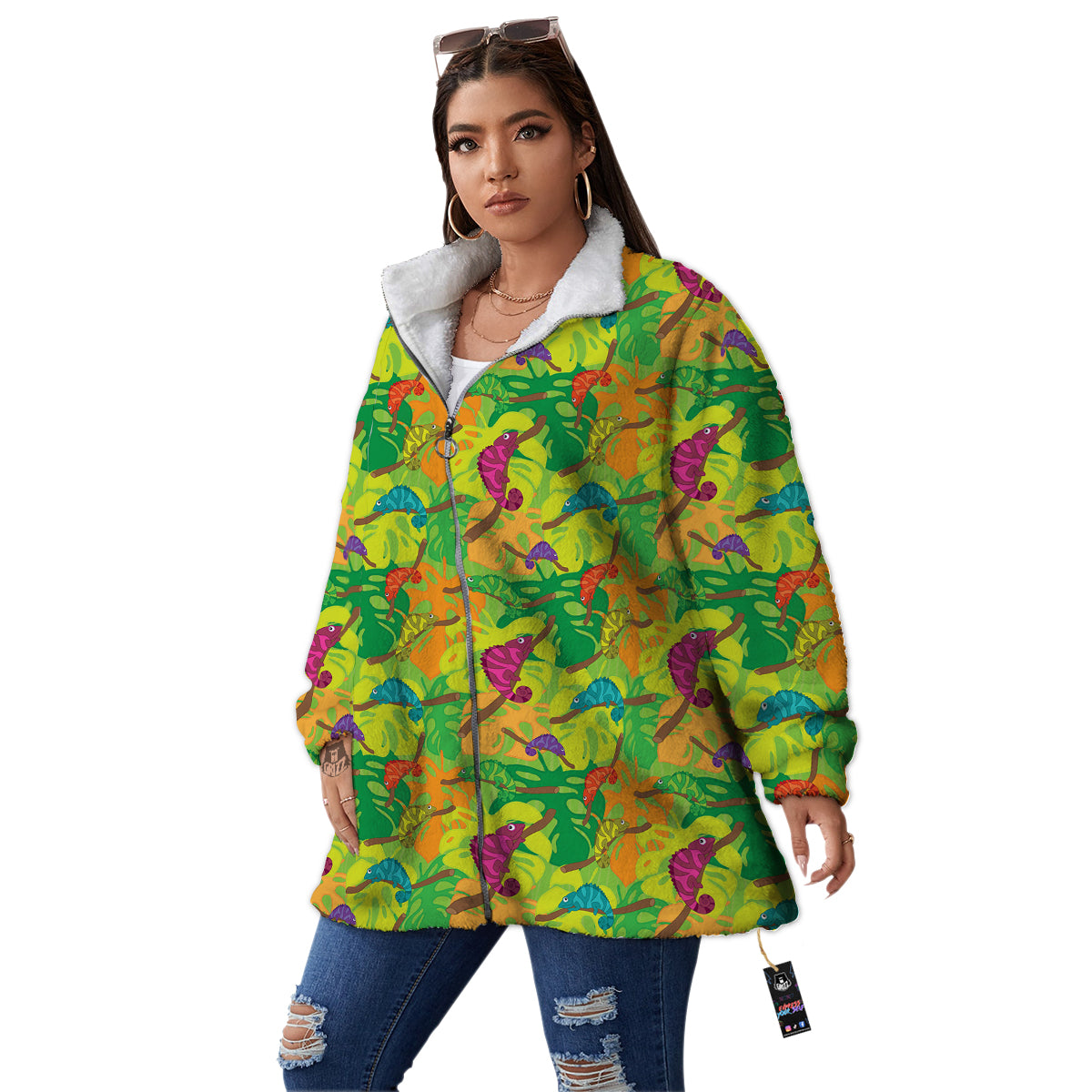 Colorful Chamaleon And Monstera Tropic Leave Print Pattern Women's Sherpa Jacket-grizzshop