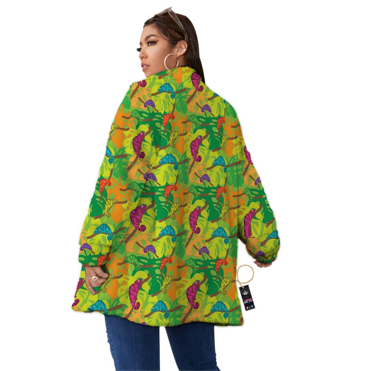Colorful Chamaleon And Monstera Tropic Leave Print Pattern Women's Sherpa Jacket-grizzshop