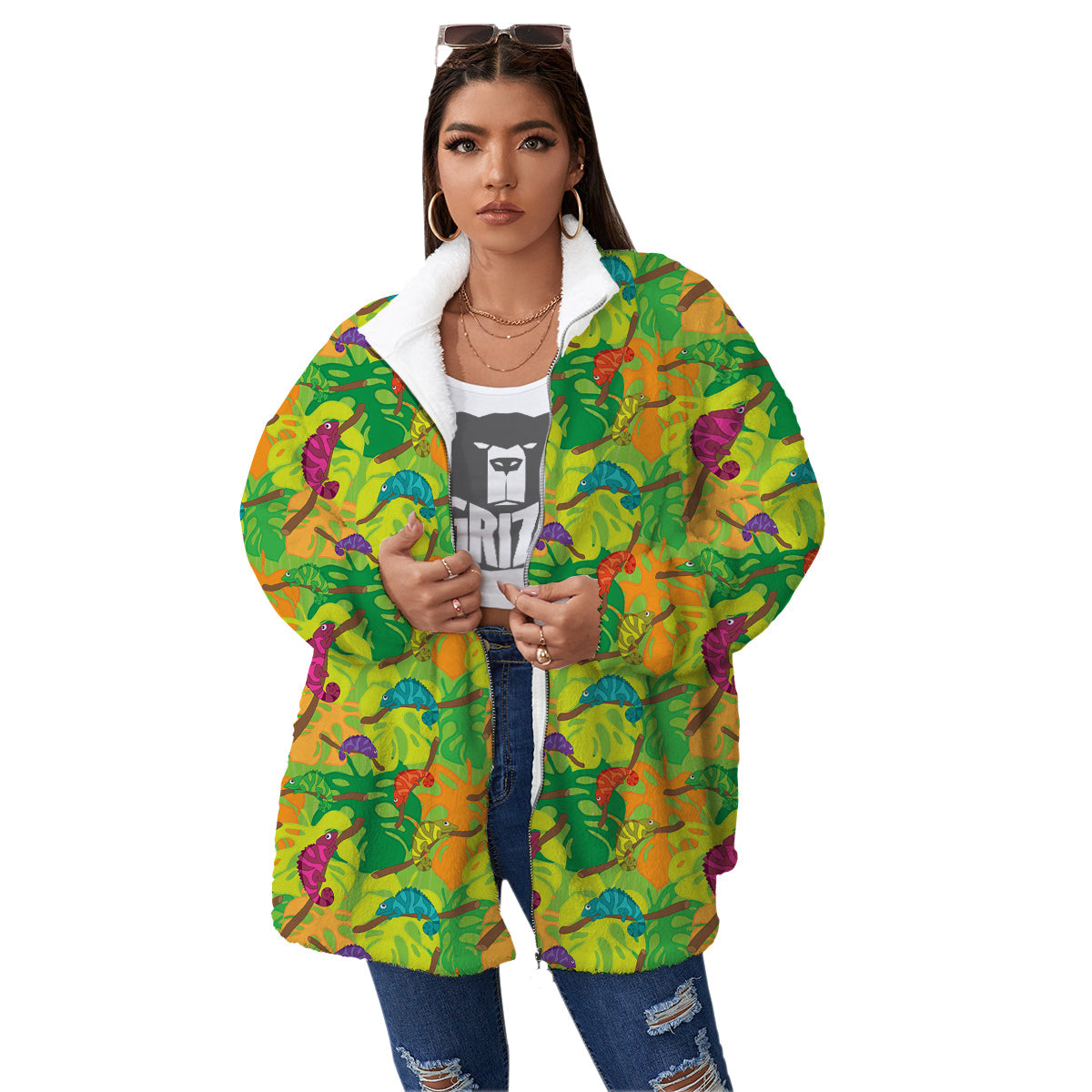 Colorful Chamaleon And Monstera Tropic Leave Print Pattern Women's Sherpa Jacket-grizzshop